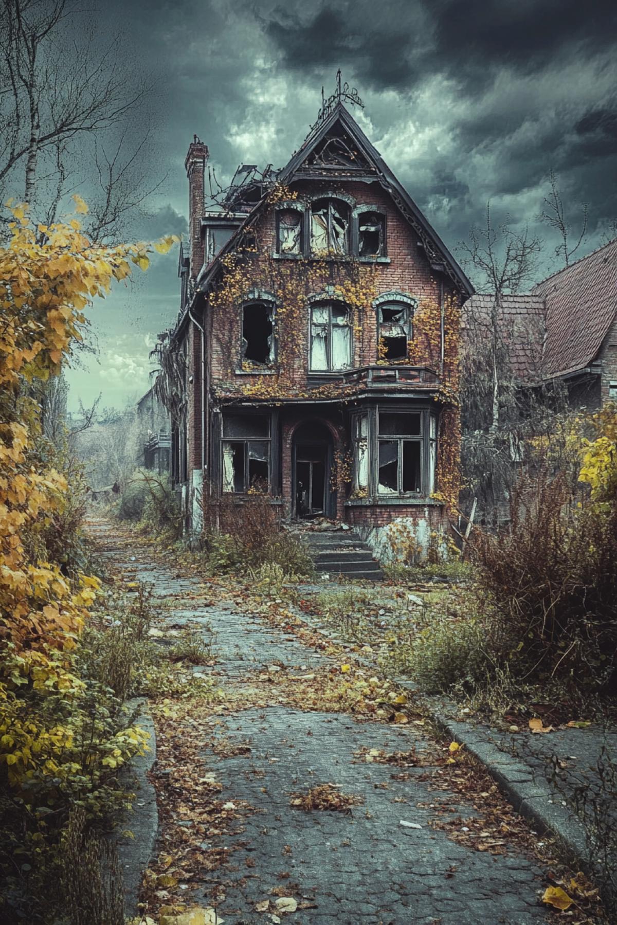 The world after a grand catastrophe: destroyed cities, overgrown streets and empty, devastated landscapes. Your task is to create an image of the apocalyptic world, where every detail tells the story of the end of the era.