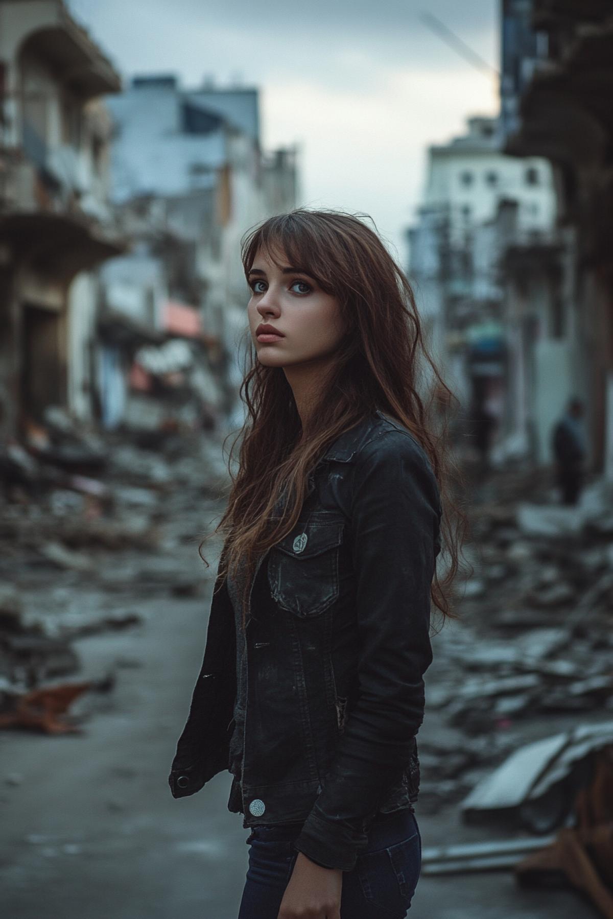 The world after a grand catastrophe: destroyed cities, overgrown streets and empty, devastated landscapes. Your task is to create an image of the apocalyptic world, where every detail tells the story of the end of the era.