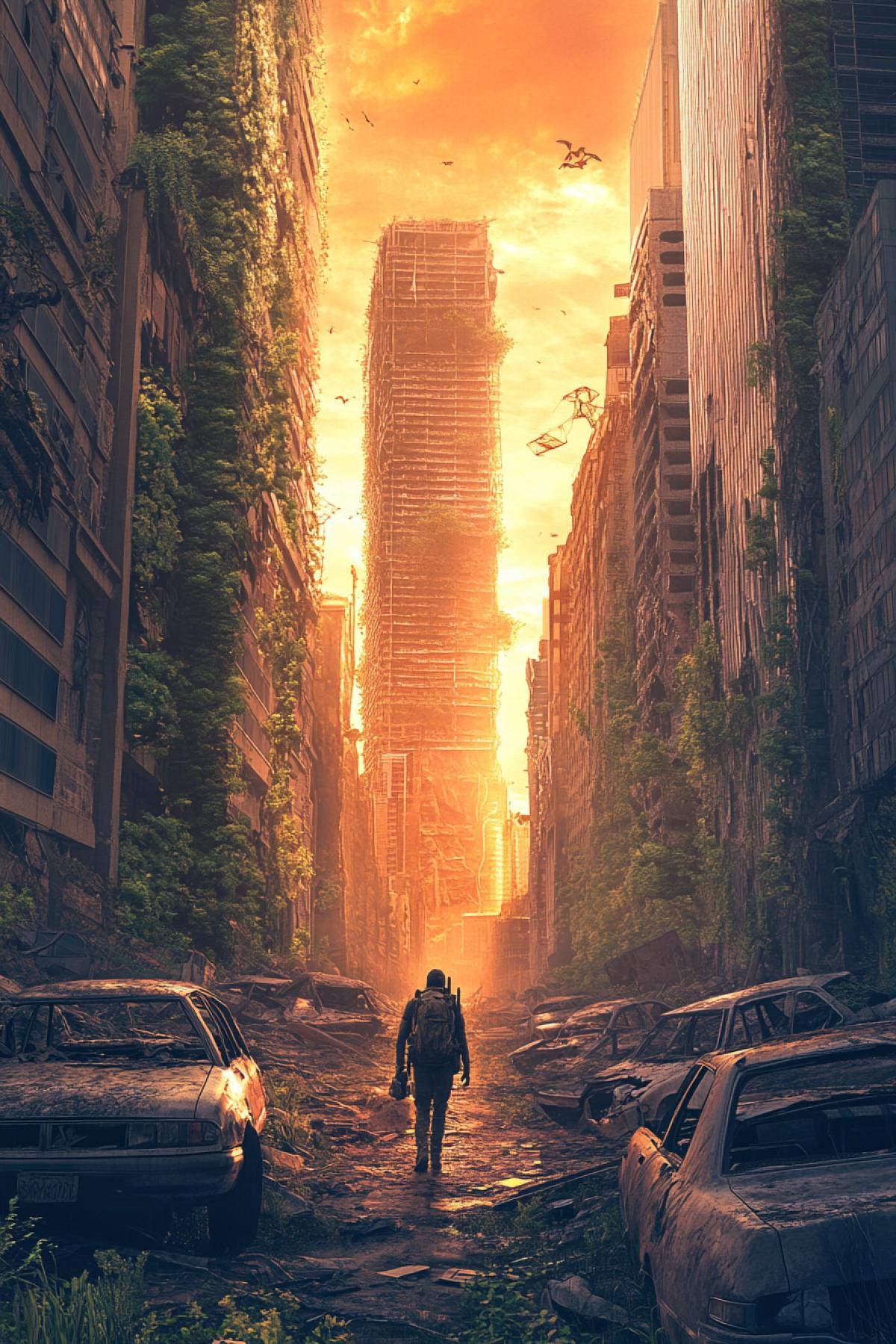 A post-apocalyptic cityscape, crumbling skyscrapers covered in vines, abandoned cars rusting in the streets, a lone survivor walking through the ruins with a gas mask, orange haze in the sky, cinematic atmosphere, hyper-detailed, dystopian mood
