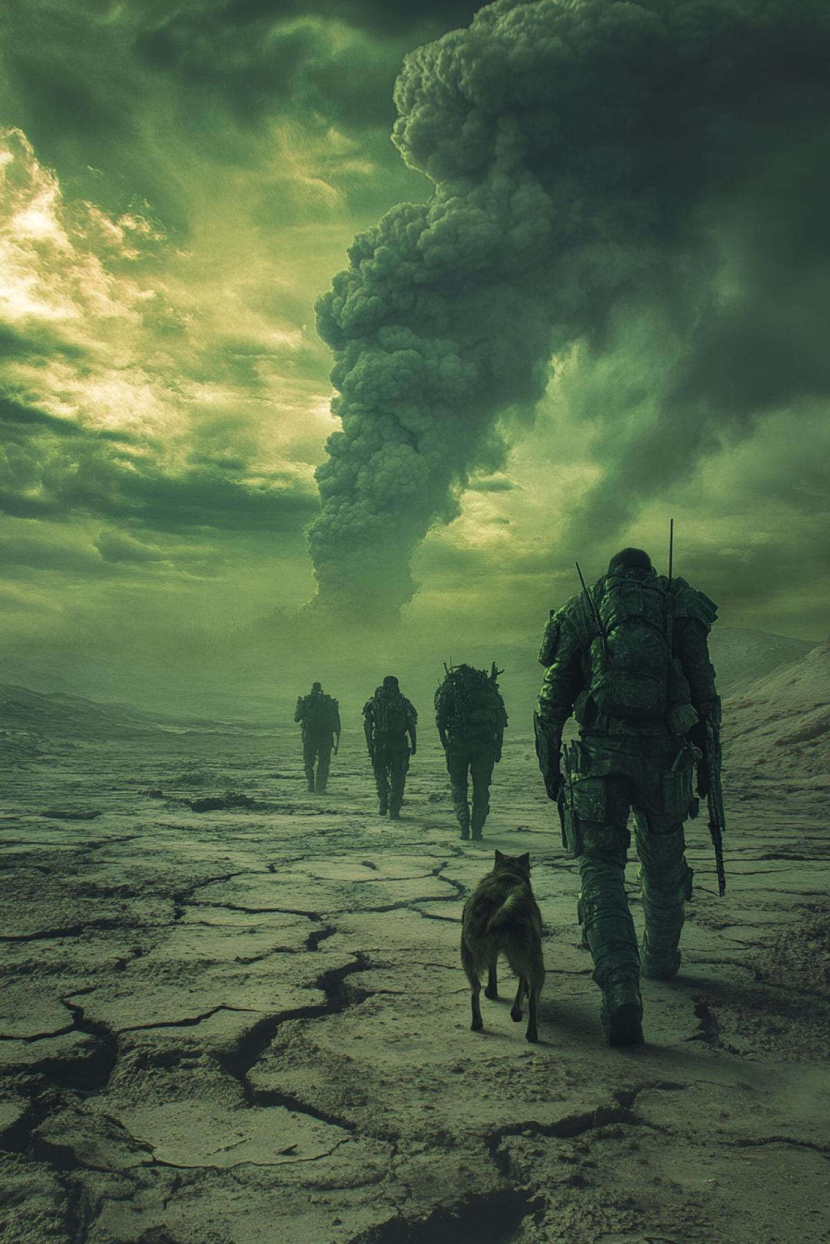 A nuclear wasteland, cracked earth, radioactive fog, a group of survivors in makeshift armor traveling with a dog, distant mushroom clouds on the horizon, eerie green lighting, photorealistic rendering, intense and haunting mood