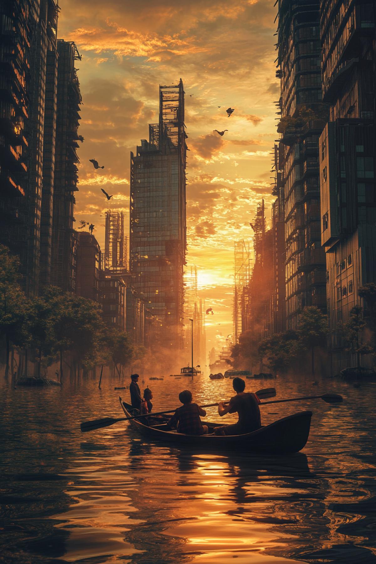 A flooded world after the ice caps melted, half-submerged skyscrapers, boats tied to balconies, a family rowing through the water with salvaged supplies, golden sunset reflecting on the water, melancholic yet hopeful mood, highly detailed, cinematic com4k