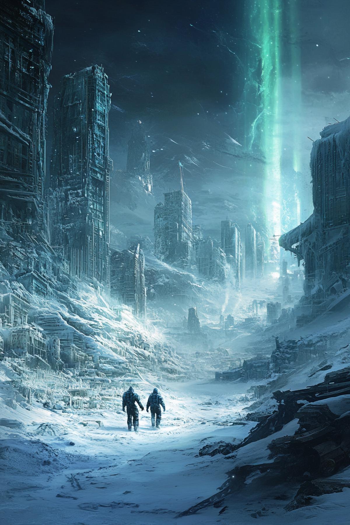 A frozen apocalypse, entire cities buried under ice and snow, frozen statues of people mid-motion, a small group of survivors in thermal suits exploring the ruins, aurora borealis in the sky, cold blue lighting, hauntingly beautiful, hyper-detailed, sci-fi atmosphere