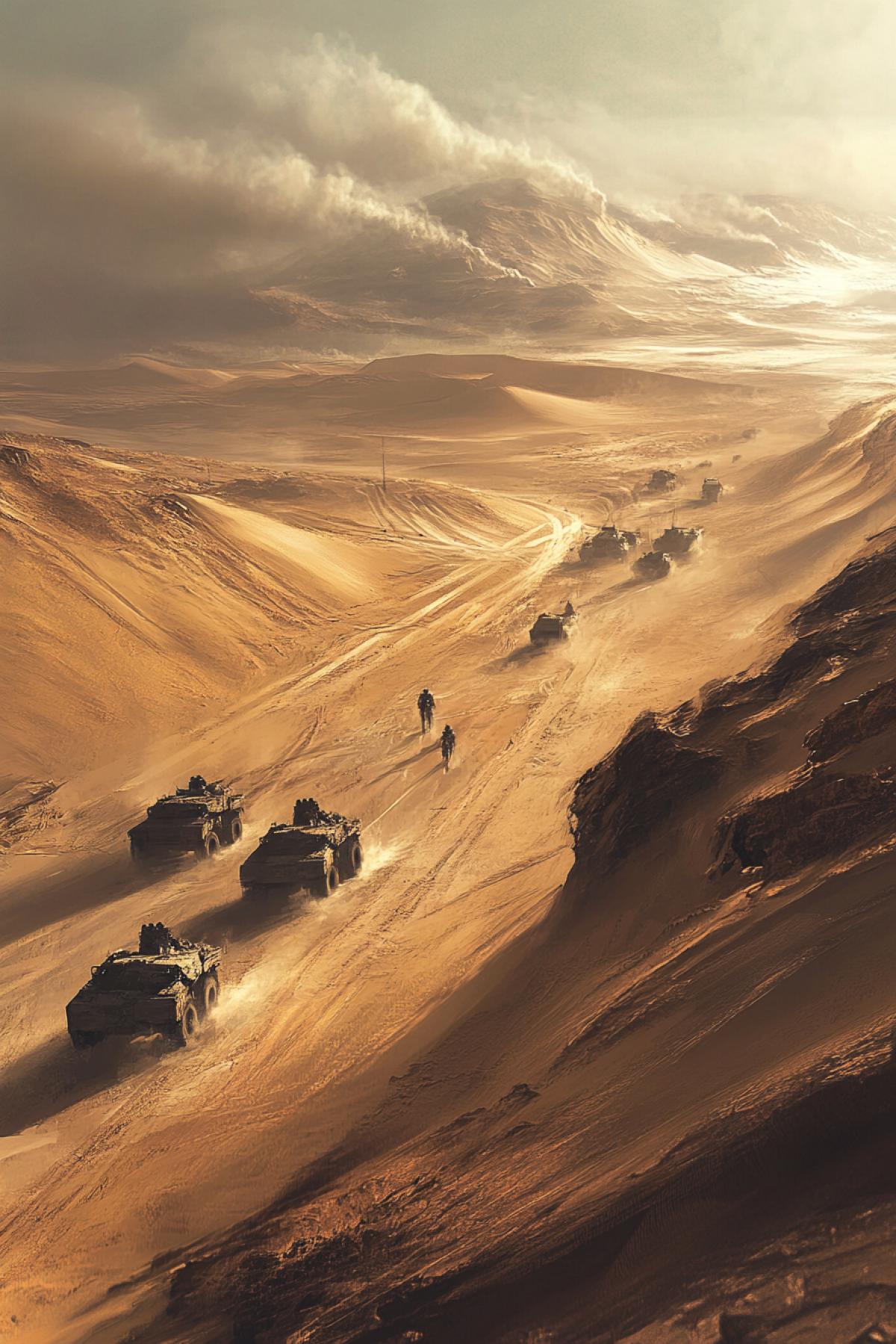 A desert wasteland after a global drought, endless sand dunes, the remains of a highway buried under the sand, a convoy of armored vehicles with survivors searching for water, dust storms in the distance, harsh sunlight, gritty and desperate mood, photorealistic style