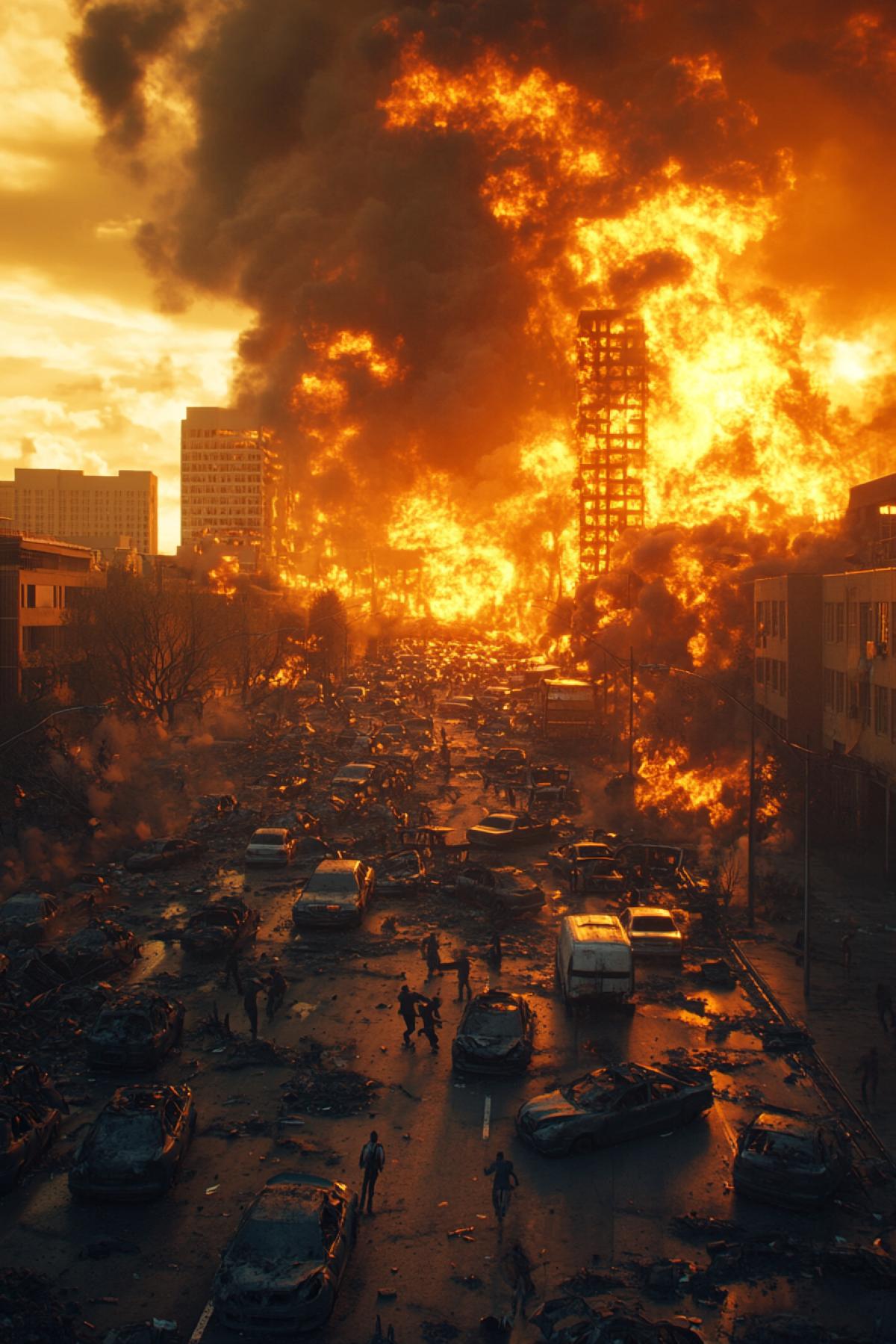 A burning city after a global collapse, skyscrapers collapsing into flames, streets filled with abandoned vehicles and debris, a crowd of panicked people running in chaos, bodies lying on the ground, dark smoke covering the sky, intense orange and dark tones, hyper-realistic, dystopian horror atmosphere