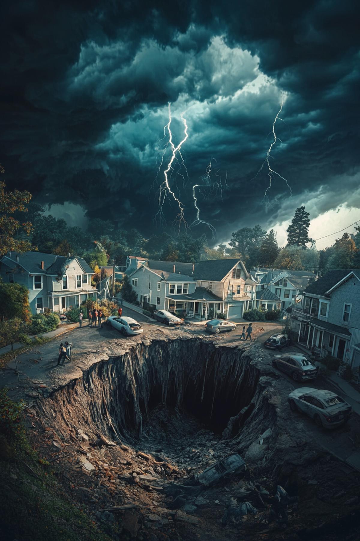 A massive sinkhole swallowing an entire neighborhood, houses and cars falling into the abyss, people screaming and clinging to the edges, cracks spreading across the ground, dark storm clouds above, dramatic lighting, hyper-detailed, catastrophic and terrifying mood
