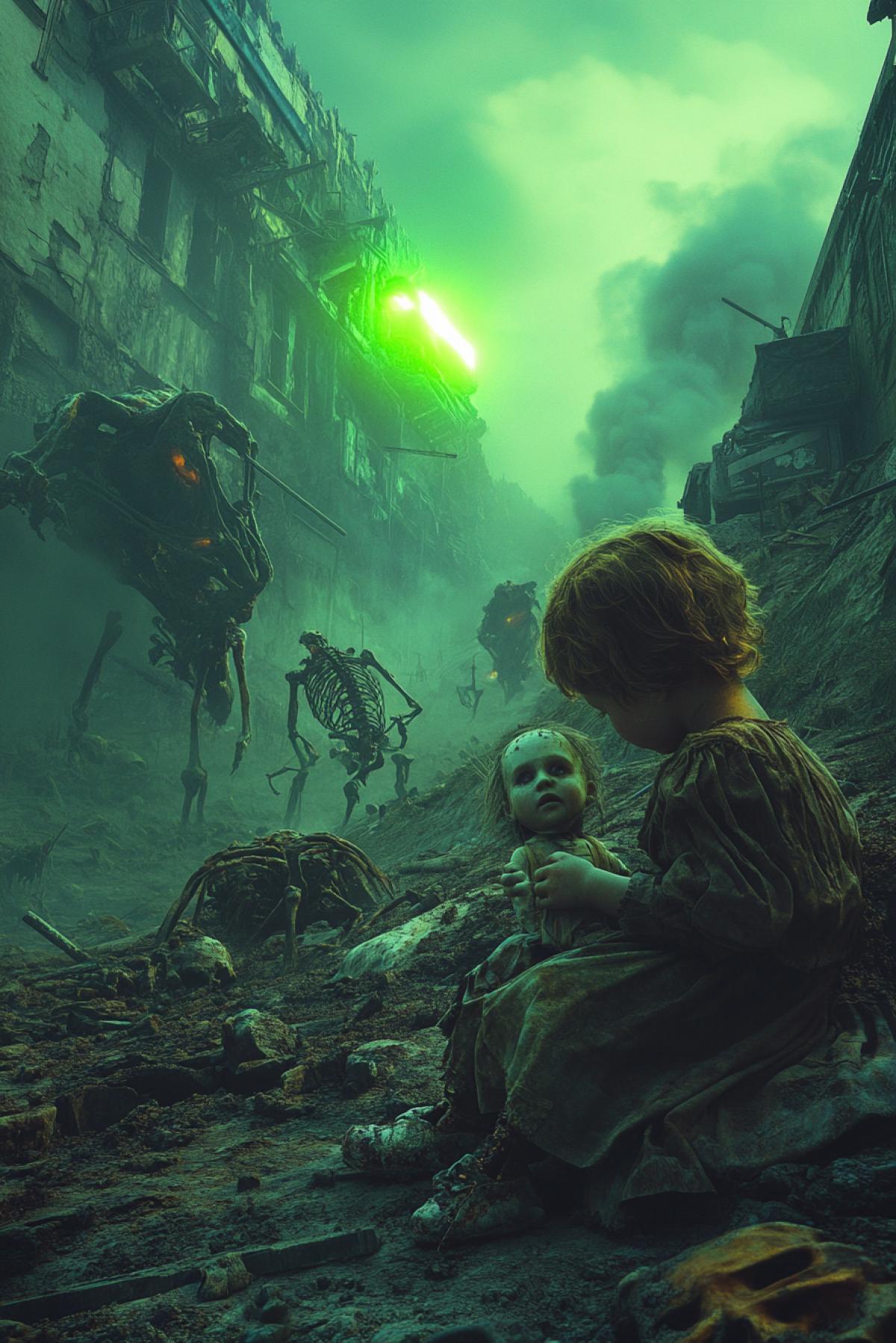 A post-nuclear wasteland, mutated creatures roaming the ruins, human skeletons half-buried in the ash, a child in tattered clothes holding a broken doll, radioactive green fog glowing in the air, eerie silence, photorealistic rendering, shocking and haunting mood