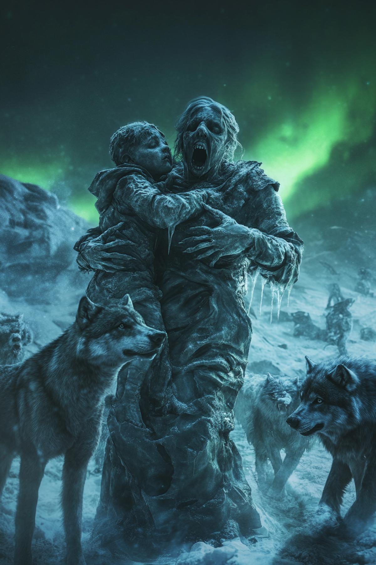 A frozen apocalypse with people turned into ice statues mid-scream, a mother holding her child, both frozen solid, a pack of wolves scavenging nearby, aurora borealis casting eerie green light, hyper-detailed textures, shocking and tragic mood