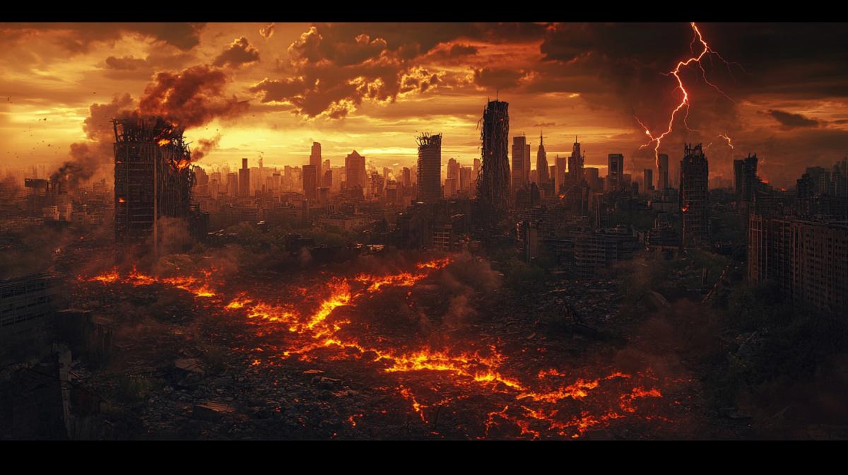 A realistic image of a post-apocalyptic landscape: a destroyed metropolis with ruins of skyscrapers, cracks in the ground, filled with lava, poisonous fog in the air, a dark-brown sky with thunderous clouds, the remains of rusty technology, rare flashes of lightning. Style: Hyperdealized, gloomy atmosphere, saturated contrasting colors, emphasis on destruction textures.