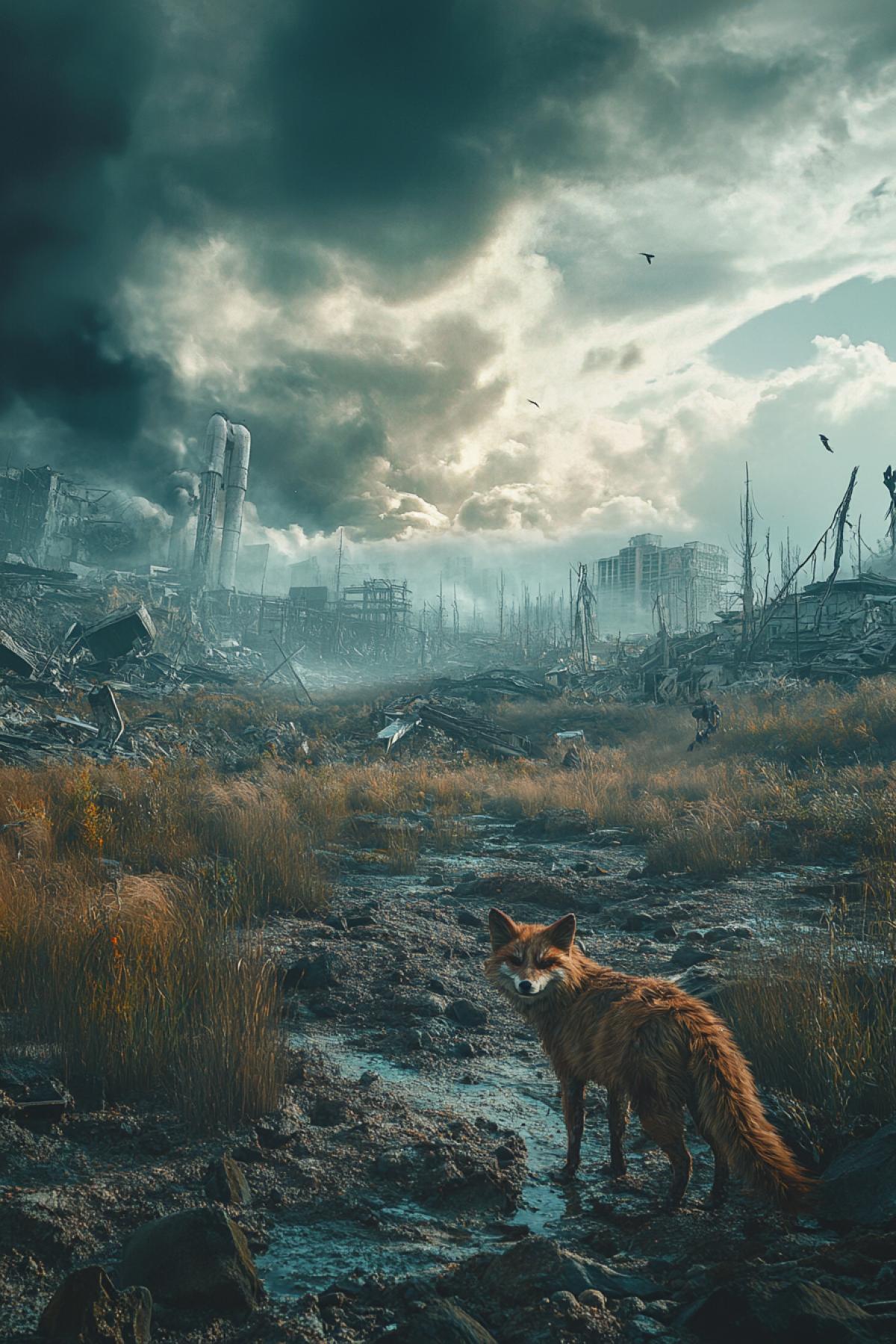 After the apocalypse, landscape, in the style of the artist, the atomic world, animal mutant, maximalism, flicker, realistic image, photoshop