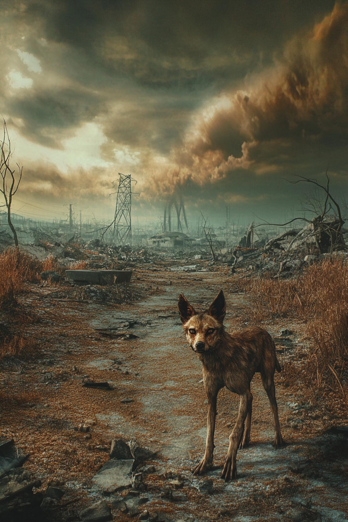 After the apocalypse, landscape, in the style of the artist, the atomic world, animal mutant, maximalism, flicker, realistic image, photoshop