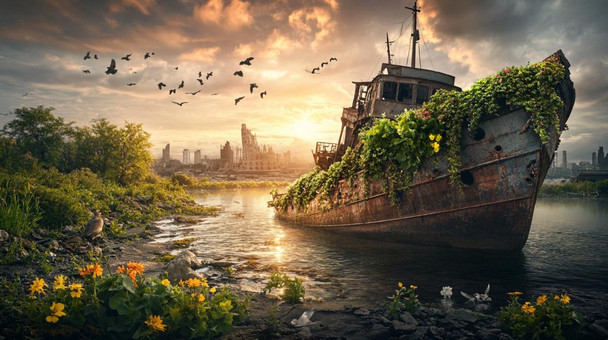 A realistic image of a postapocalyptic landscape with the elements of the Renaissance: the ruins of the city, overgrown with wild vegetation, breaking through the cracks in the asphalt flowers and young trees, a clean lake among destroyed buildings, a flock of birds flying towards sunlight, breaking through distracted clouds. In the foreground is a rusty ship entwined with ivy, and a single figure of a person planting a plant. Style: hypersdetalized, contrast of gloomy tones (gray, brown) with bright accents of greenery and golden light, soft atmospheric lighting, deep prospect. 8k, Cinematic, emphasis on the balance of death and hope.