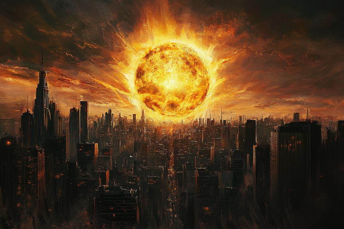 The world in the apocalypse, a big sun burns cities, chaos, destruction