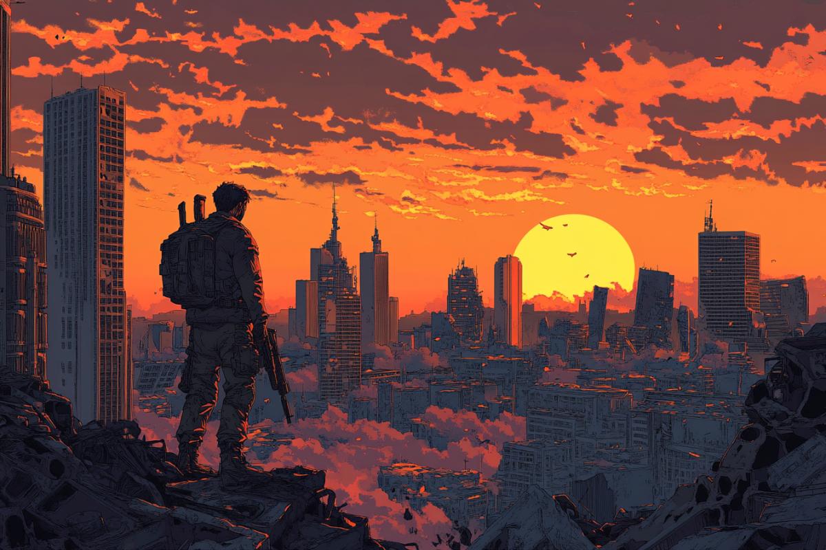 Apocalypse, superheroes fell, sunset, destroyed cities