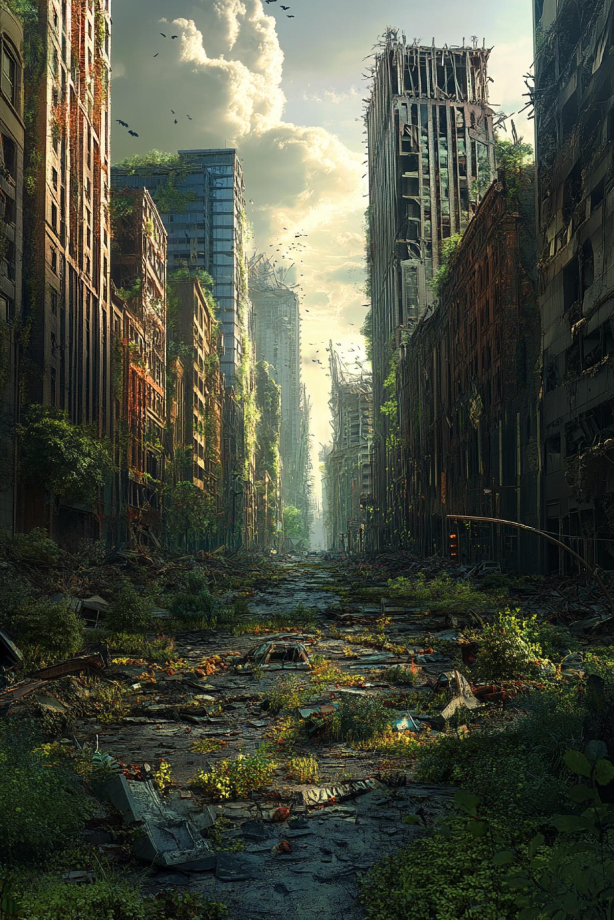The world after a grand catastrophe: destroyed cities, overgrown streets and empty, devastated landscapes. Your task is to create an image of the apocalyptic world, where every detail tells the story of the end of the era.