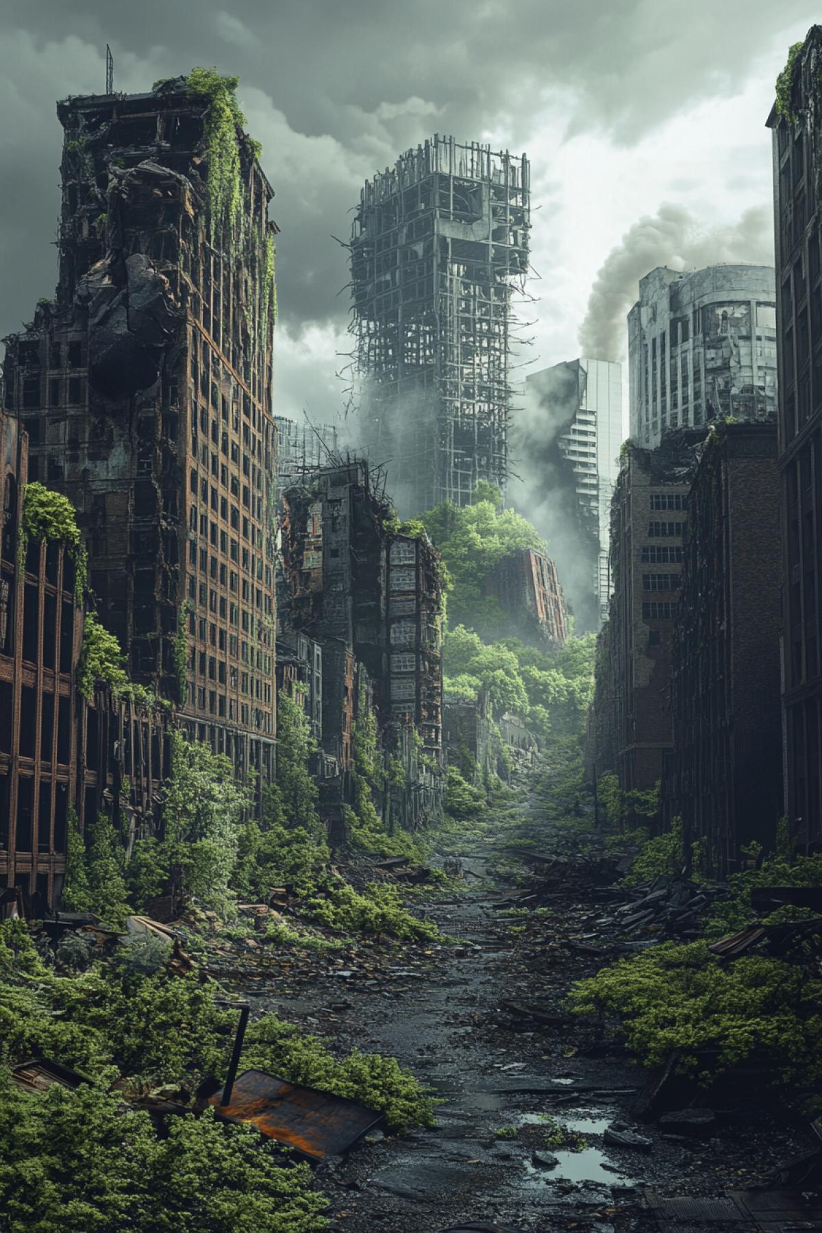 The world after a grand catastrophe: destroyed cities, overgrown streets and empty, devastated landscapes. Your task is to create an image of the apocalyptic world, where every detail tells the story of the end of the era.
