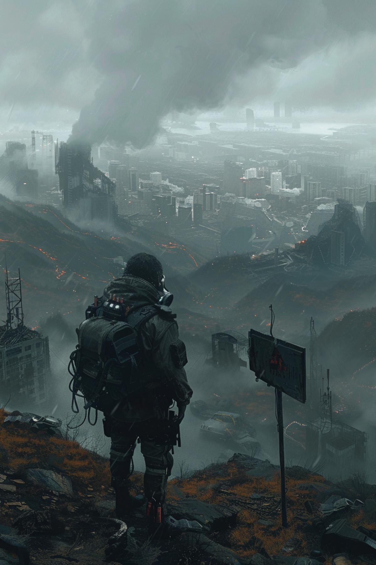 A person in a gas mask and in complete tactical equipment stands on a hill, and in the background the apocalypse, destroyed buildings, mutants and a gloomy atmosphere, next to a person stands a pointer of a bunker.