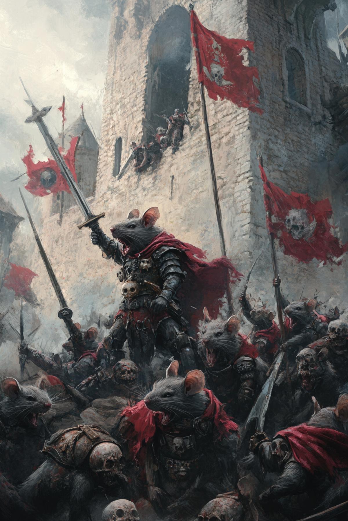 The rat king surrounded by his subjects rejoices on the remains of soldiers, skulls, ruins, postapocalypse