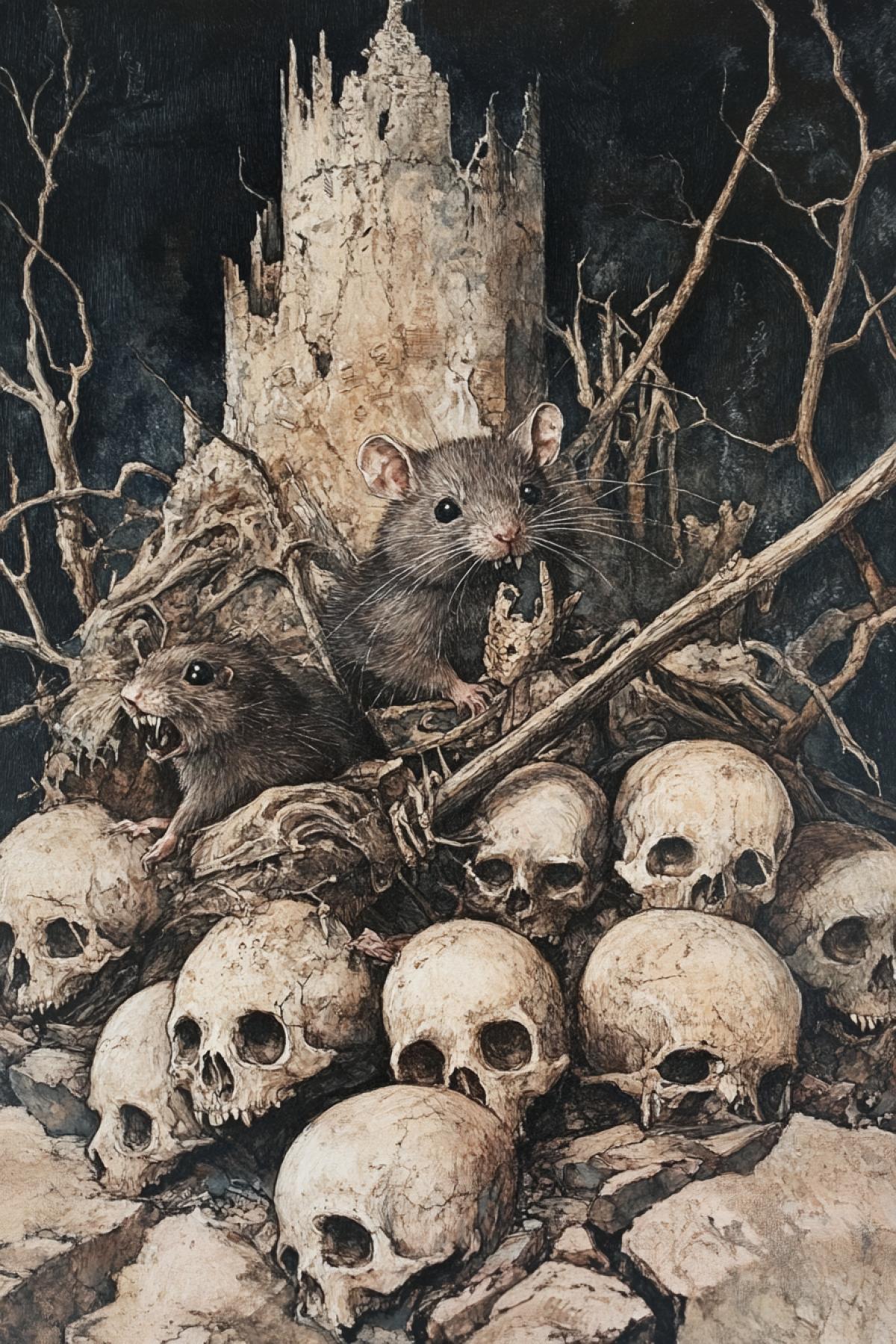 The rat king surrounded by his subjects rejoices on the remains of soldiers, skulls, ruins, postapocalypse