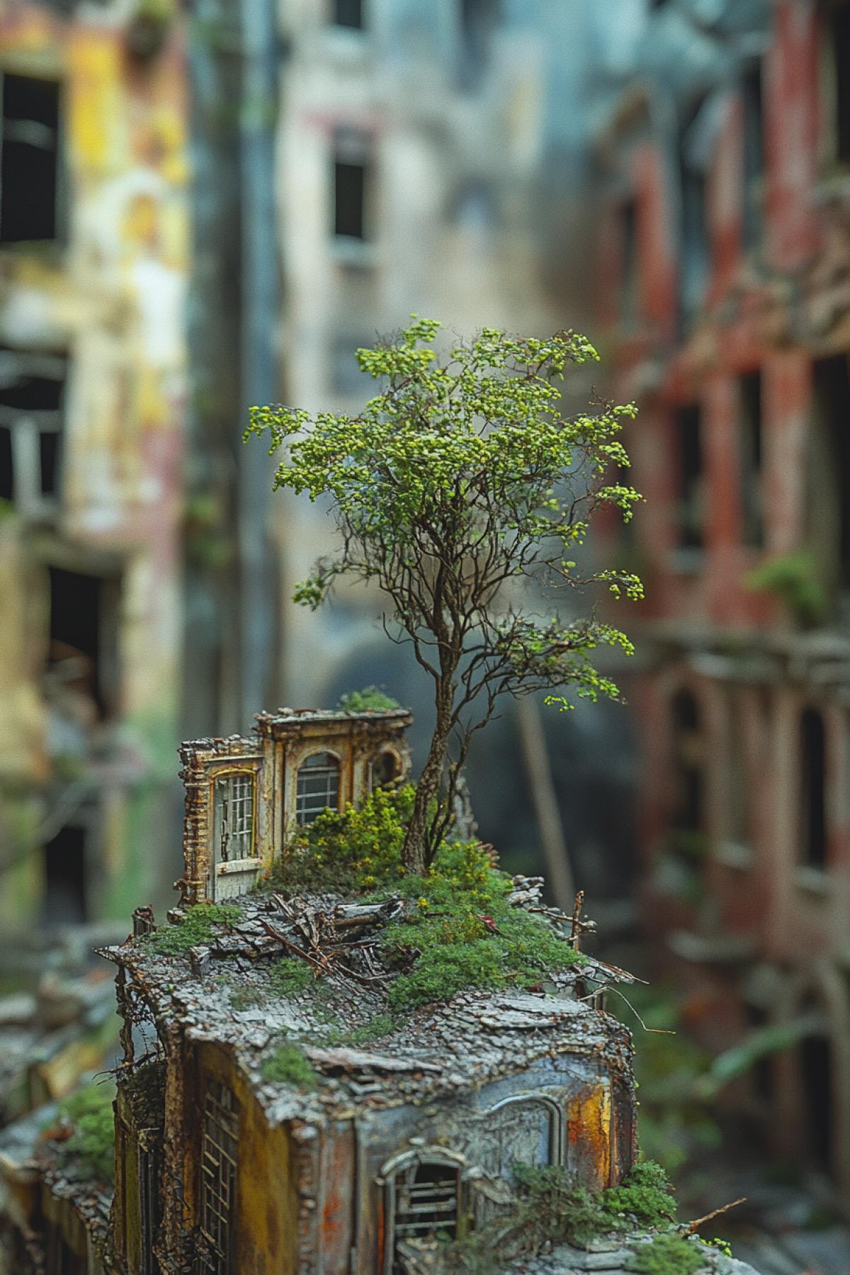The world after a grand catastrophe: destroyed cities, overgrown streets and empty, devastated landscapes. Your task is to create an image of the apocalyptic world, where every detail tells the story of the end of the era.