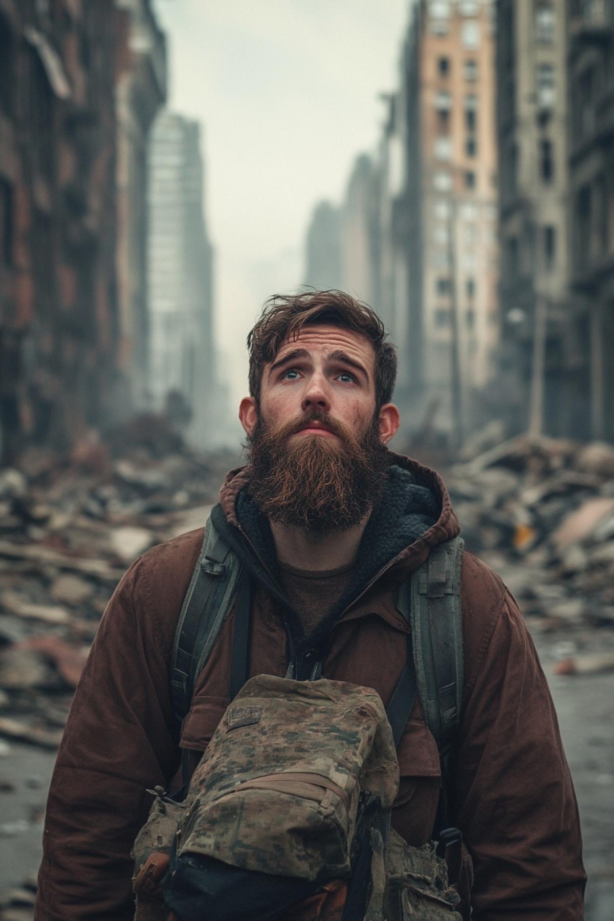 The world after a grand catastrophe: destroyed cities, overgrown streets and empty, devastated landscapes. Your task is to create an image of the apocalyptic world, where every detail tells the story of the end of the era.
