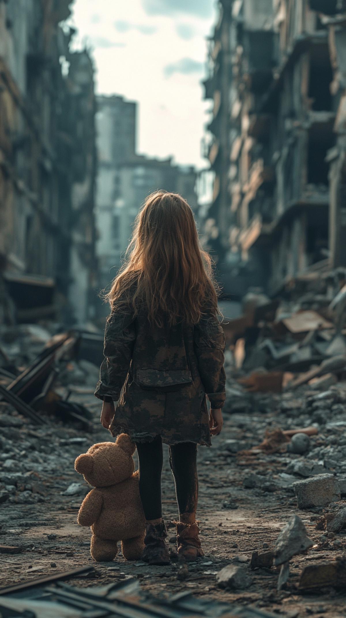 Apocalypse in the city, the end of the world, cinematic, the girl stands at the ruined city, in holds a small plush bear by the ear. Photo of high quality, epic, artistically, gloomy