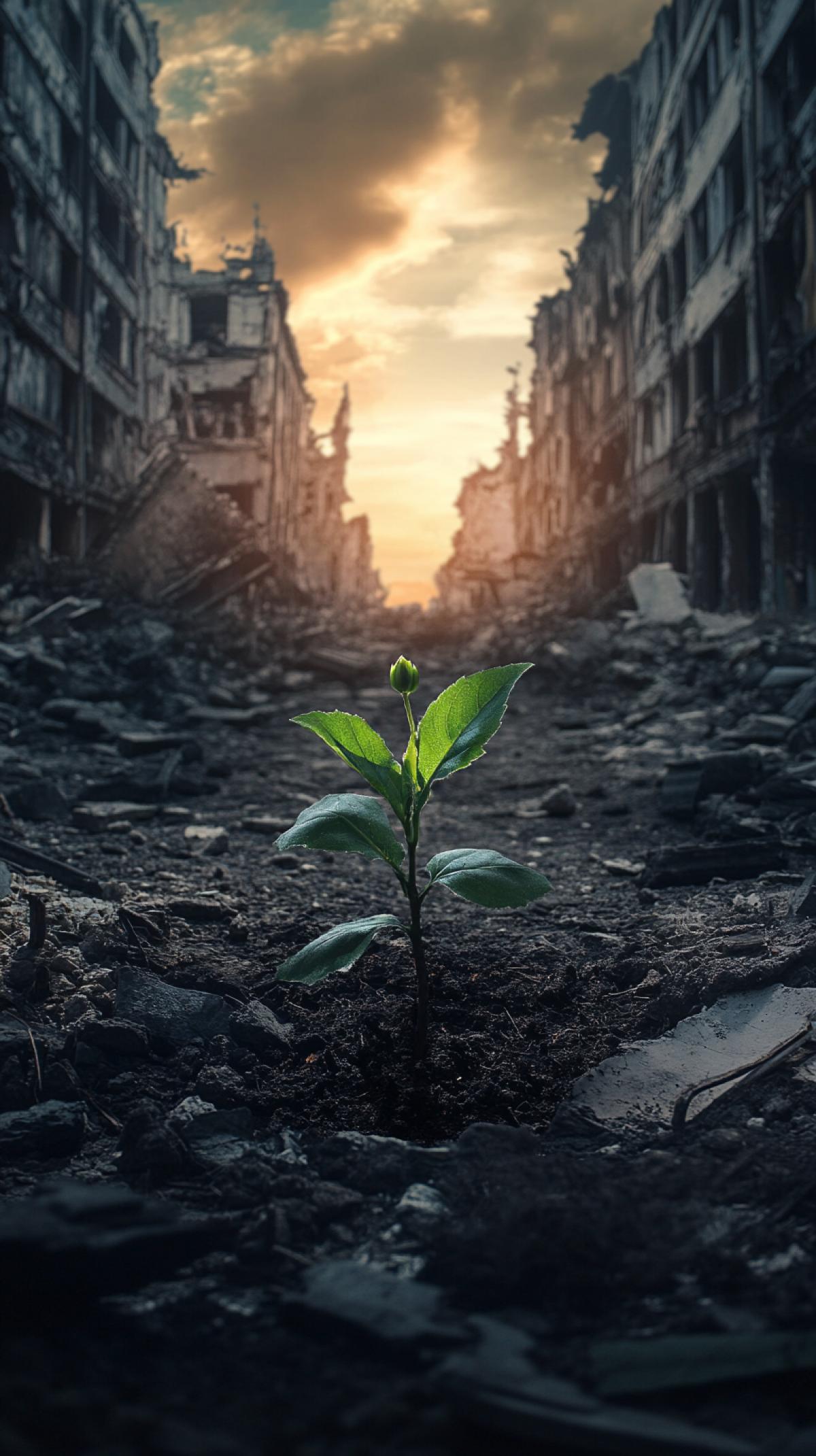 Apocalypse, ruins, ashes, the end of the world, everything died out, destroyed tall houses, a green fresh plant with a bud grows in the center on the ground, a radiance from it. Kinematographic, epic, art photo, high quality