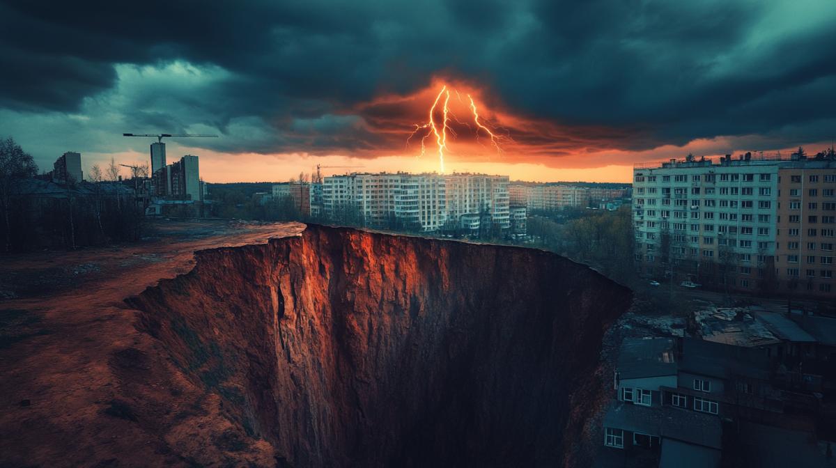 Apocalypse, cataclysms, a sightseeing photo, the earth cracked in the middle of the metropolis, a break, high houses fall from a cliff. The end of the world. Kinematographic, horror film Dramatic lighting lightning