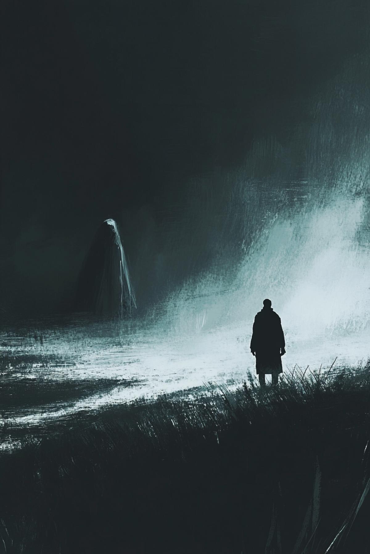 Imagine a character of an unsuspecting what is happening behind him. Create an image where something mysterious is played behind him whether it is a mysterious figure, a strange silhouette or an unusual landscape. It is important to convey the atmosphere of a hidden threat or intrigue.