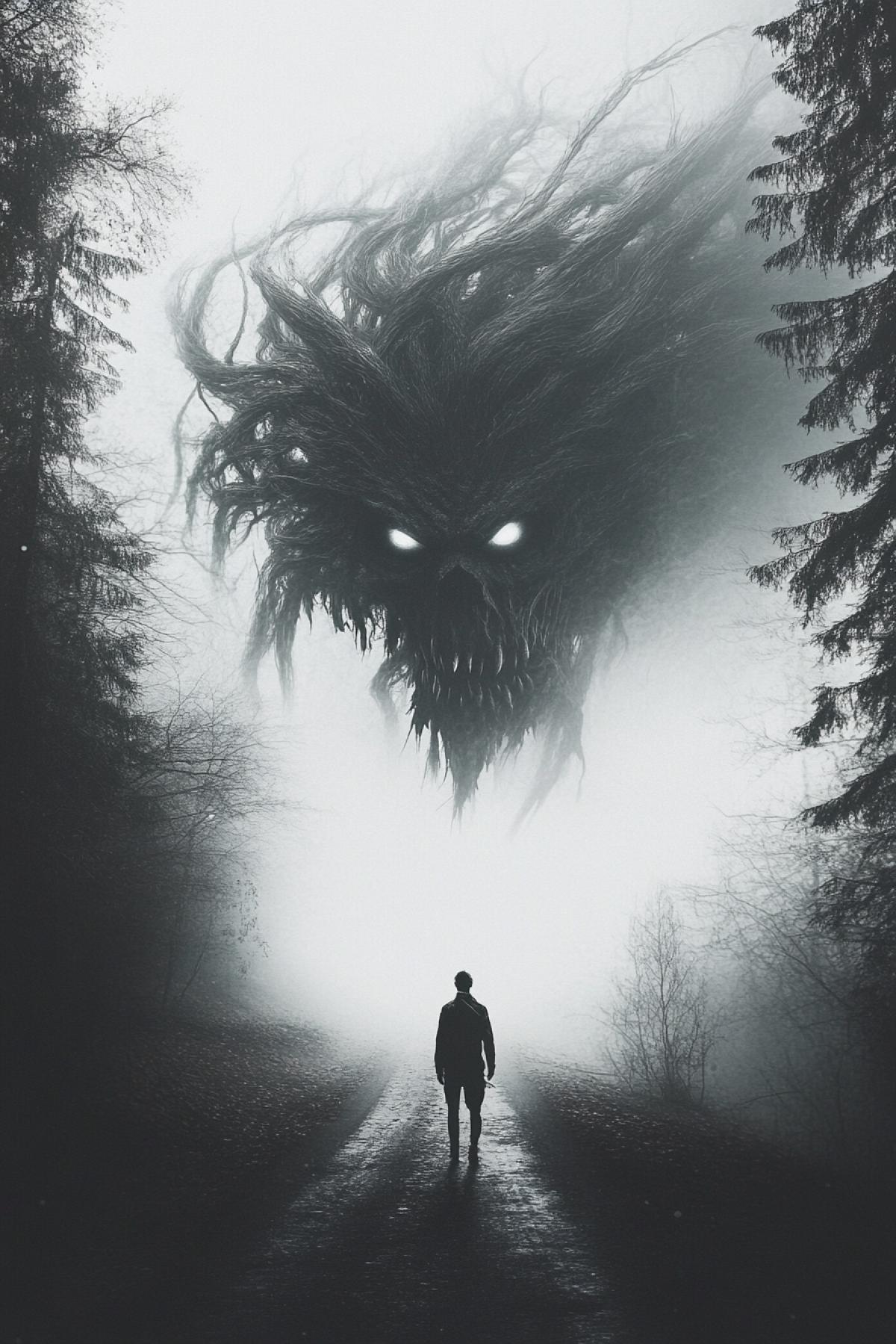 A character who is not suspected of what is happening behind him. Create an image where something mysterious and terrible is played behind him whether it is a mysterious figure, or an unusual landscape. It is important to convey the atmosphere of a hidden threat or intrigue. Horror