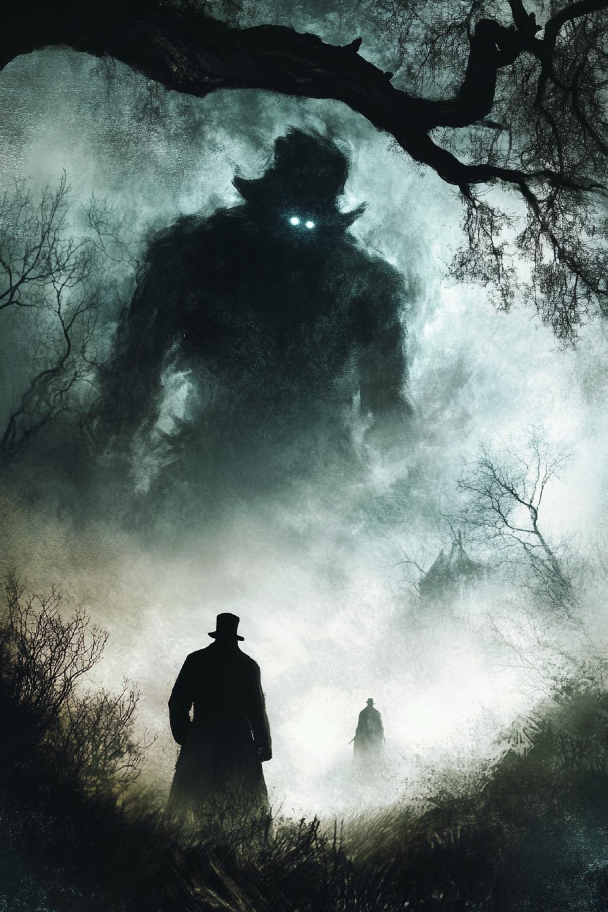 A character who does not suspect what is happening behind him. Create an image where something mysterious and terrible is played behind him whether it is a mysterious figure, a strange silhouette or an unusual landscape. All this is closeup. It is important to convey the atmosphere of a hidden threat or intrigue.
