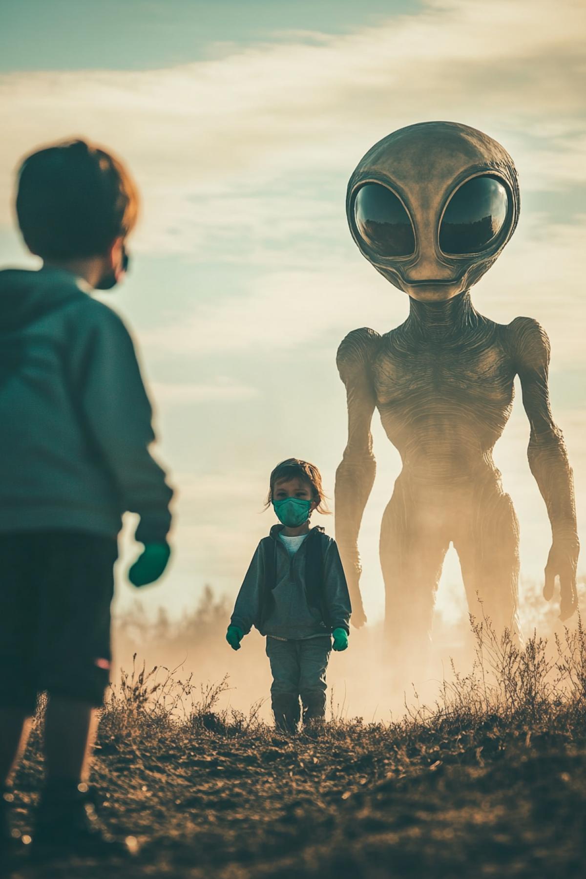 Two children play on the site, and behind them are aliens in masks and gloves