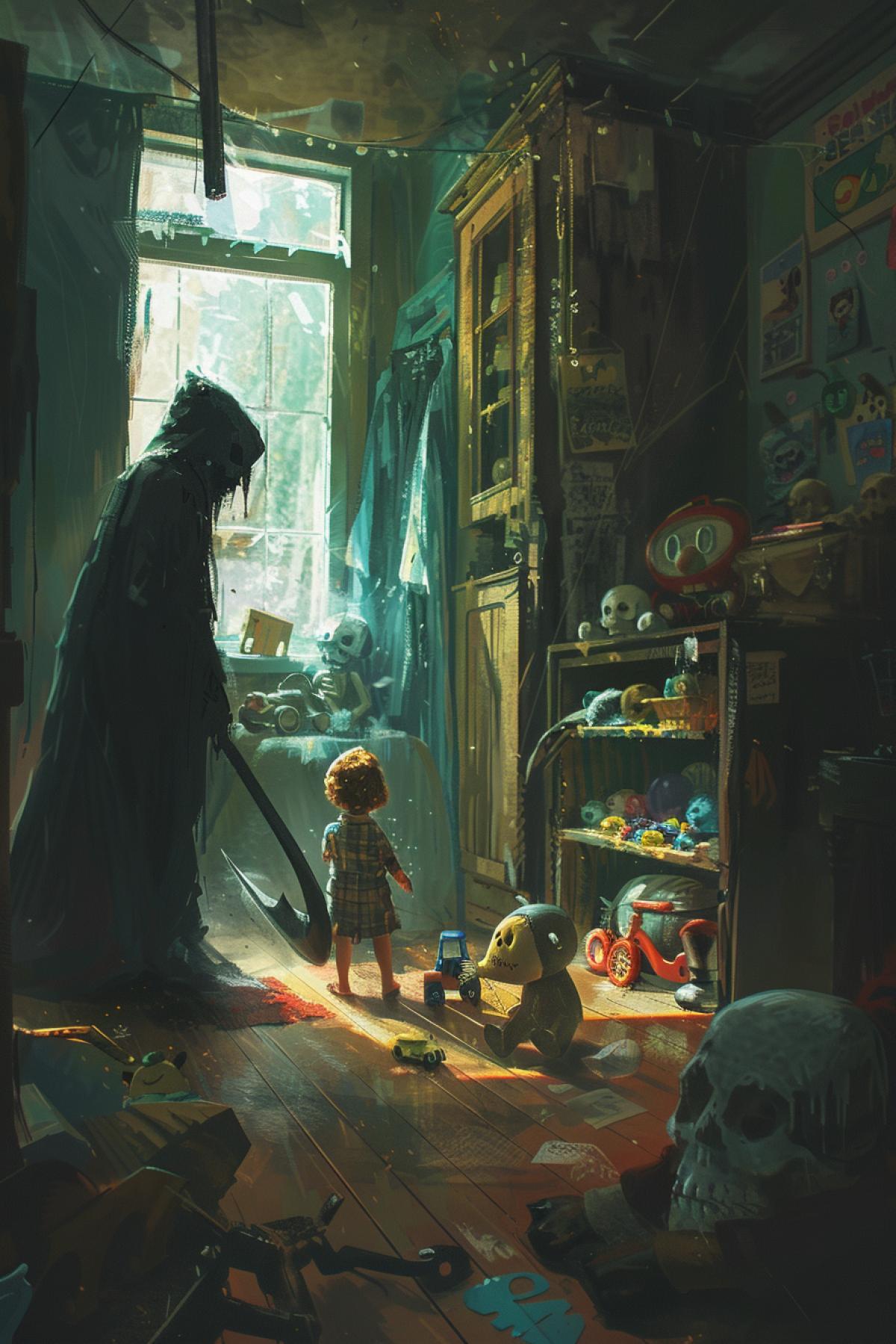 A small child plays childrens toys, and around the corner there is death with a scythe and looks at him behind