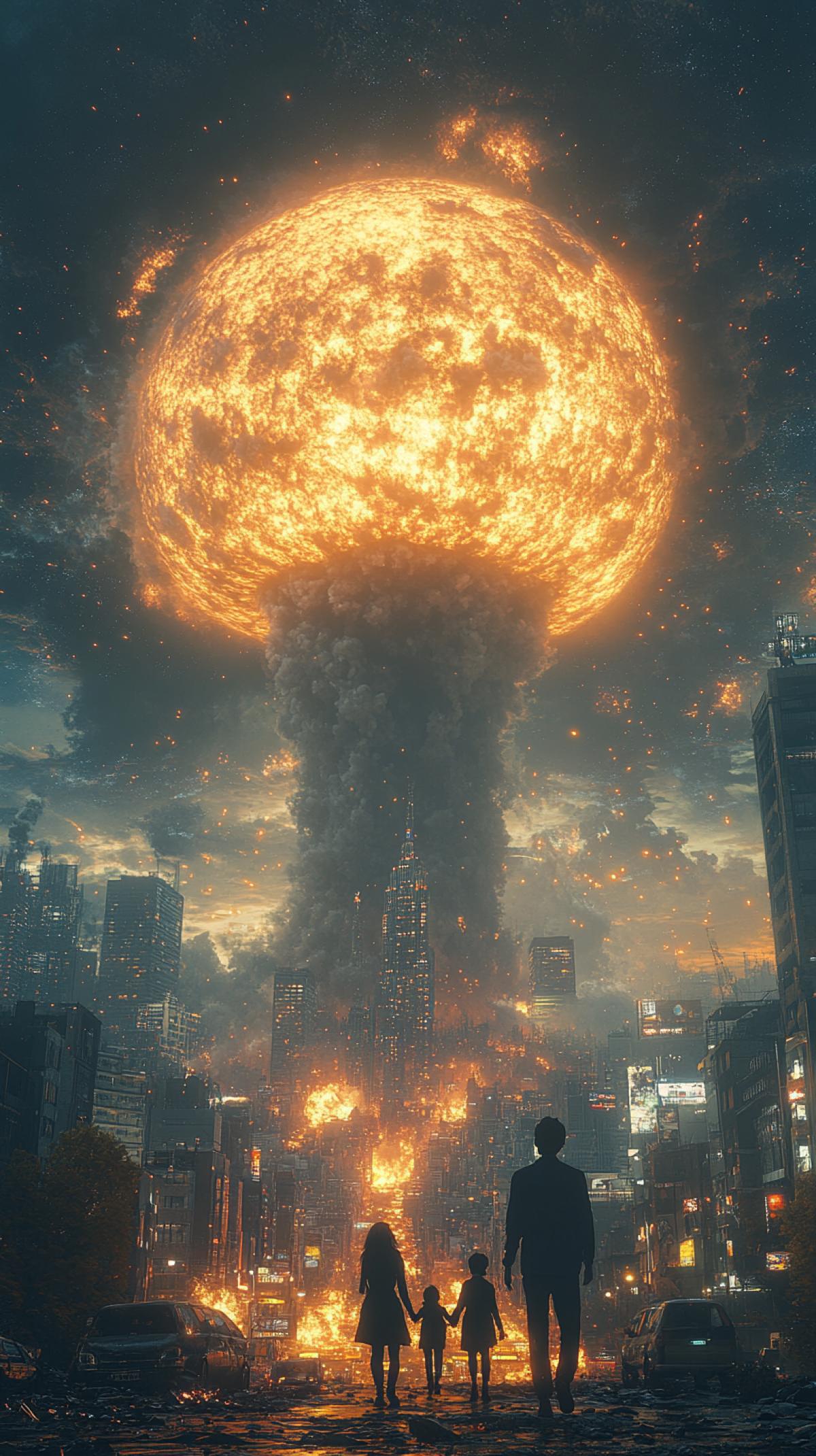 A happy family goes by the hands of their faces in the cell, in a beautiful city, in the background behind the nuclear mushroom. . Contrast, dark background, bright foreground