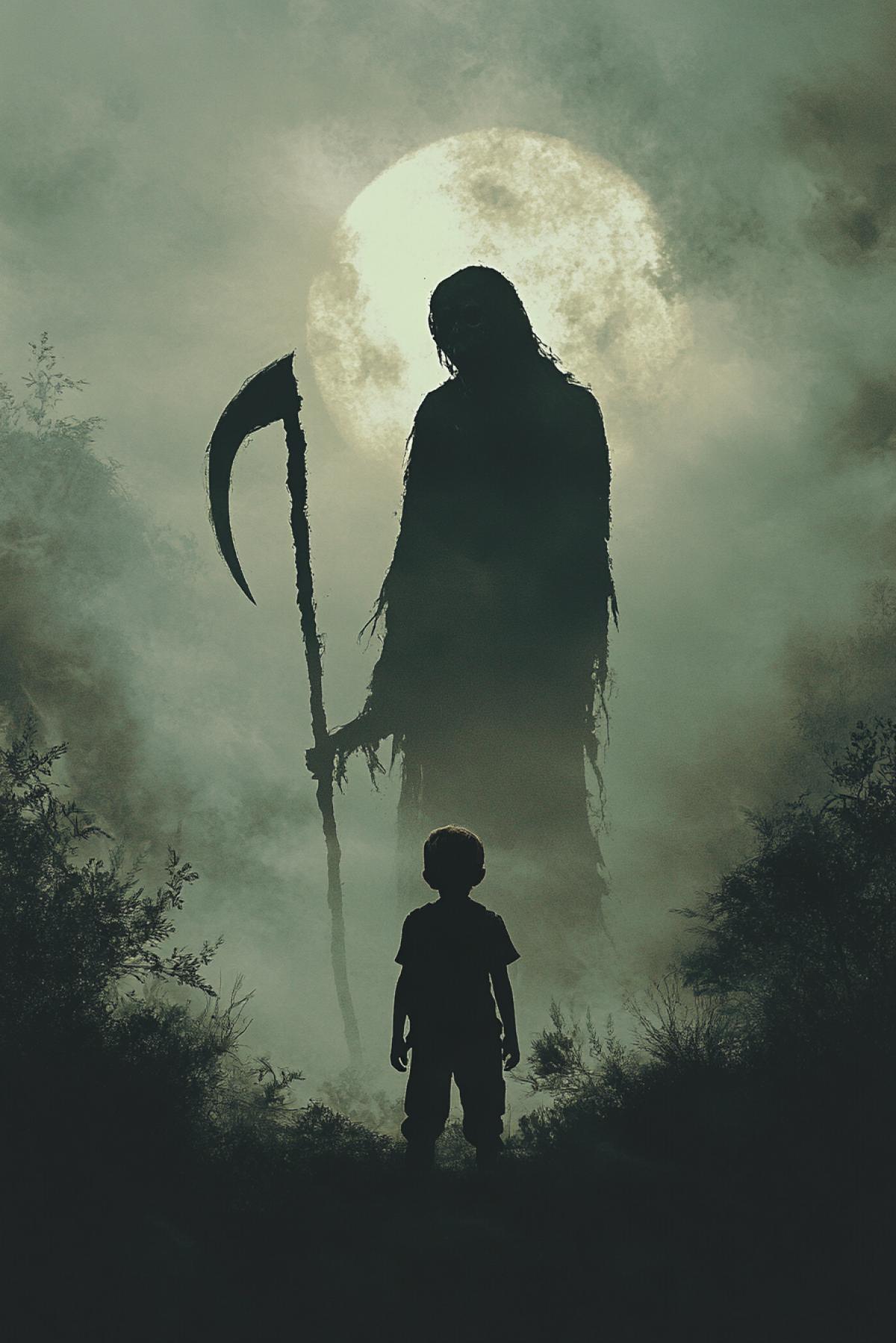 A character who does not suspect what is happening behind him. Create an image where something mysterious and terrible is played behind him whether it is a mysterious figure, a strange silhouette or an unusual landscape. All this is closeup. It is important to convey the atmosphere of a hidden threat or intrigue. Child and behind death with a scythe