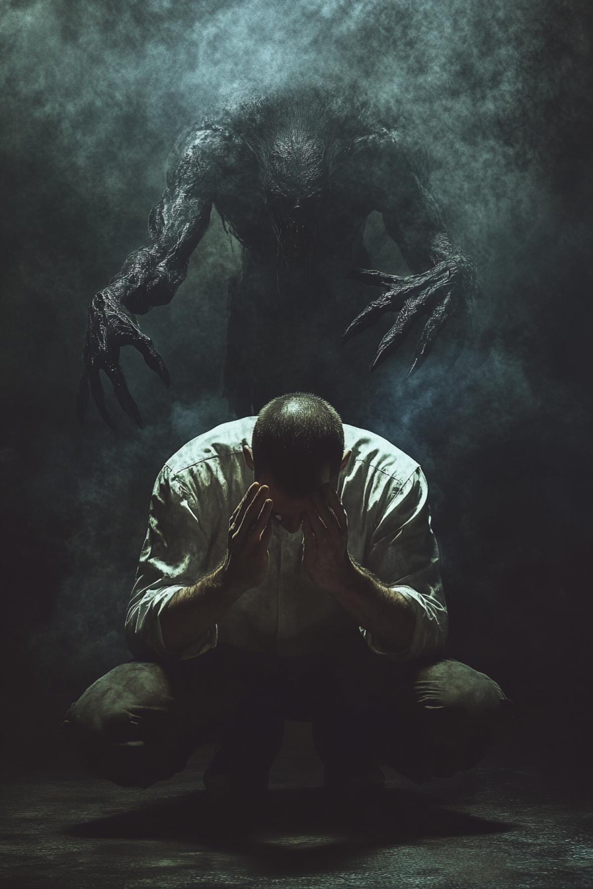 A man kneels and prays, a demonic entity hovers behind him and stretches clawed paws, gothic, atmospheric, dramatic, photo art