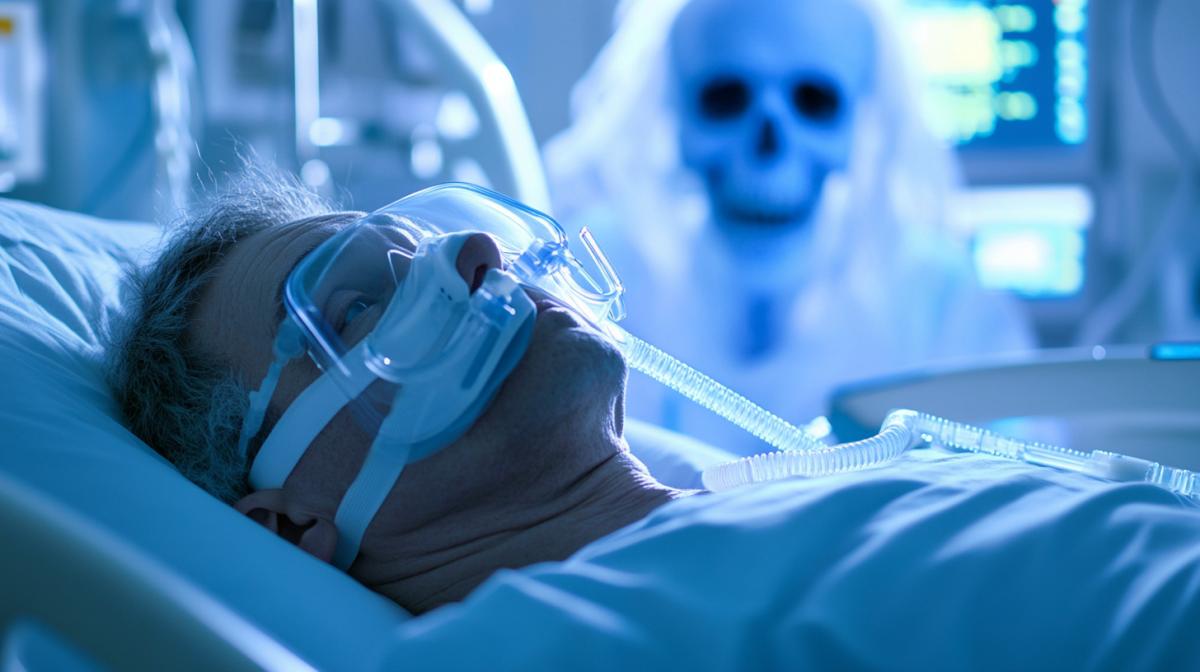 A person lies in a hospital in the intensive care unit in an oxygen mask, behind him there is death with a scythe, kinematographic