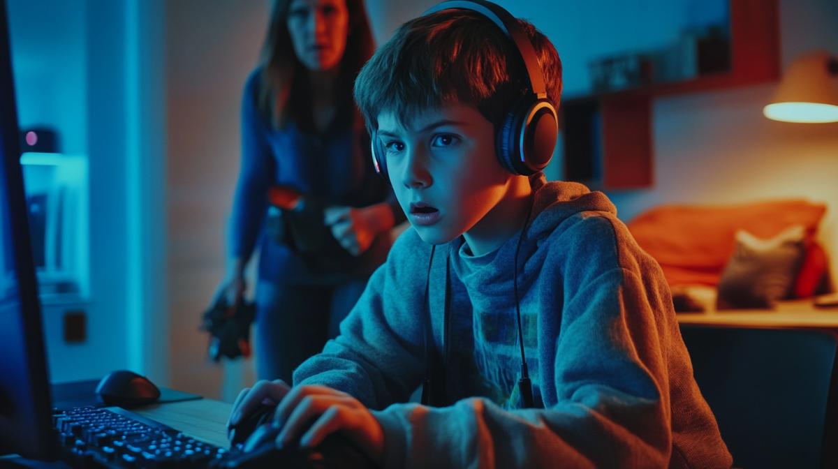 The boy in the headphones enthusiastically plays on the computer in the game, behind the back is an evil mother, ready to punish the child and holds a belt in his hands. Photo of high quality