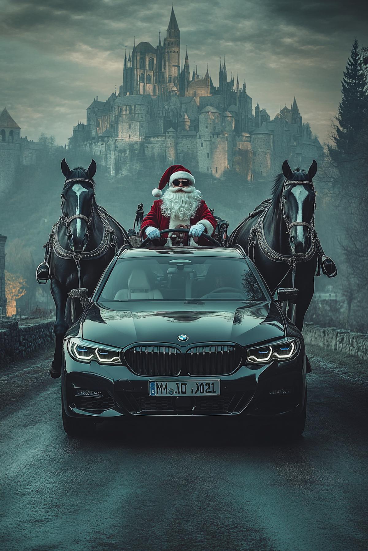 Three dark horse pull the BMW car along the road. In the background is a medieval city. Santa Claus in sunglasses sits behind the wheel