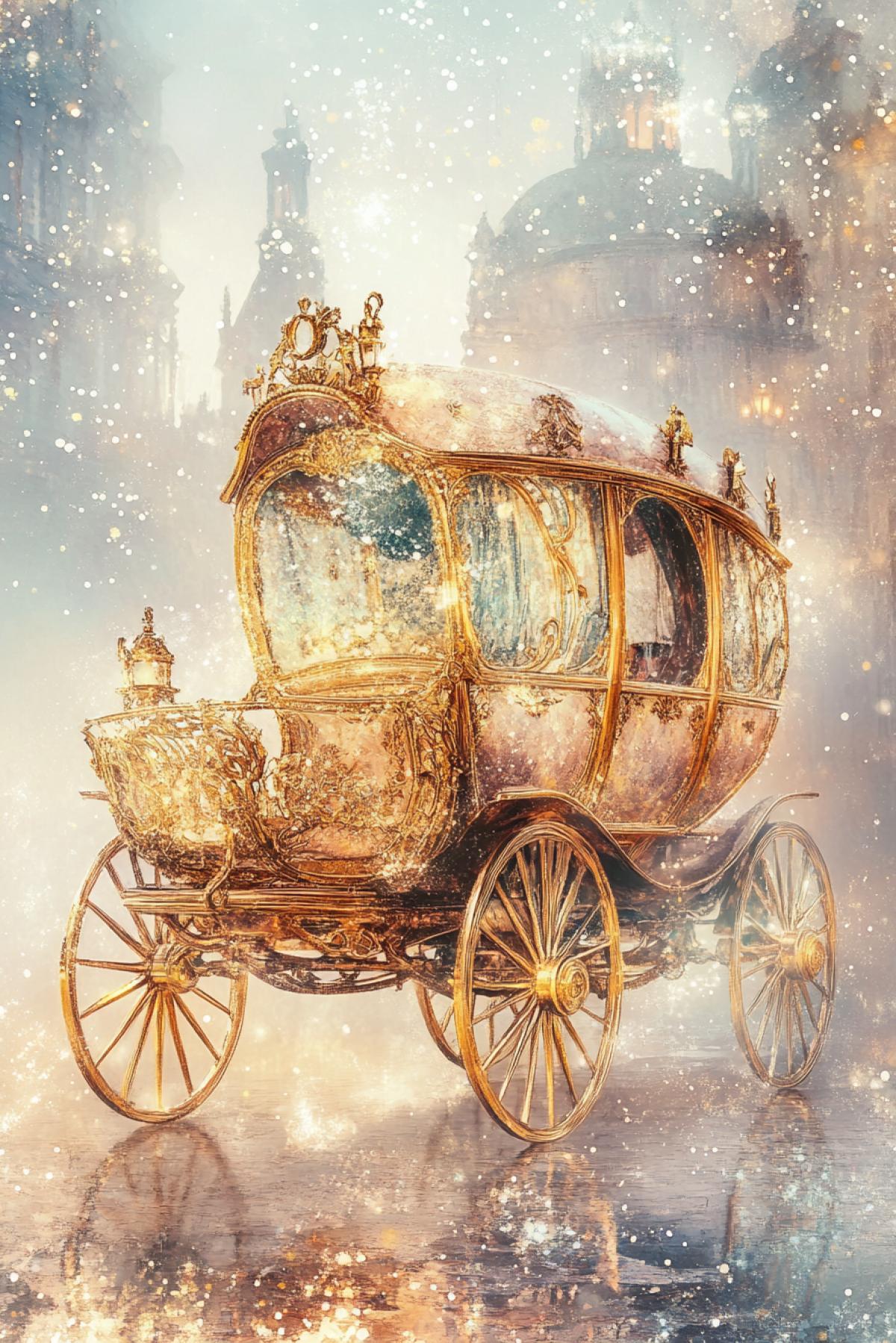 Imagine a magical or historical carriage a symbol of travel, sophistication and secrets. Inspired by fairy tales, romantic eras or futuristic interpretations: create an image of a carriage that transfers you to another world