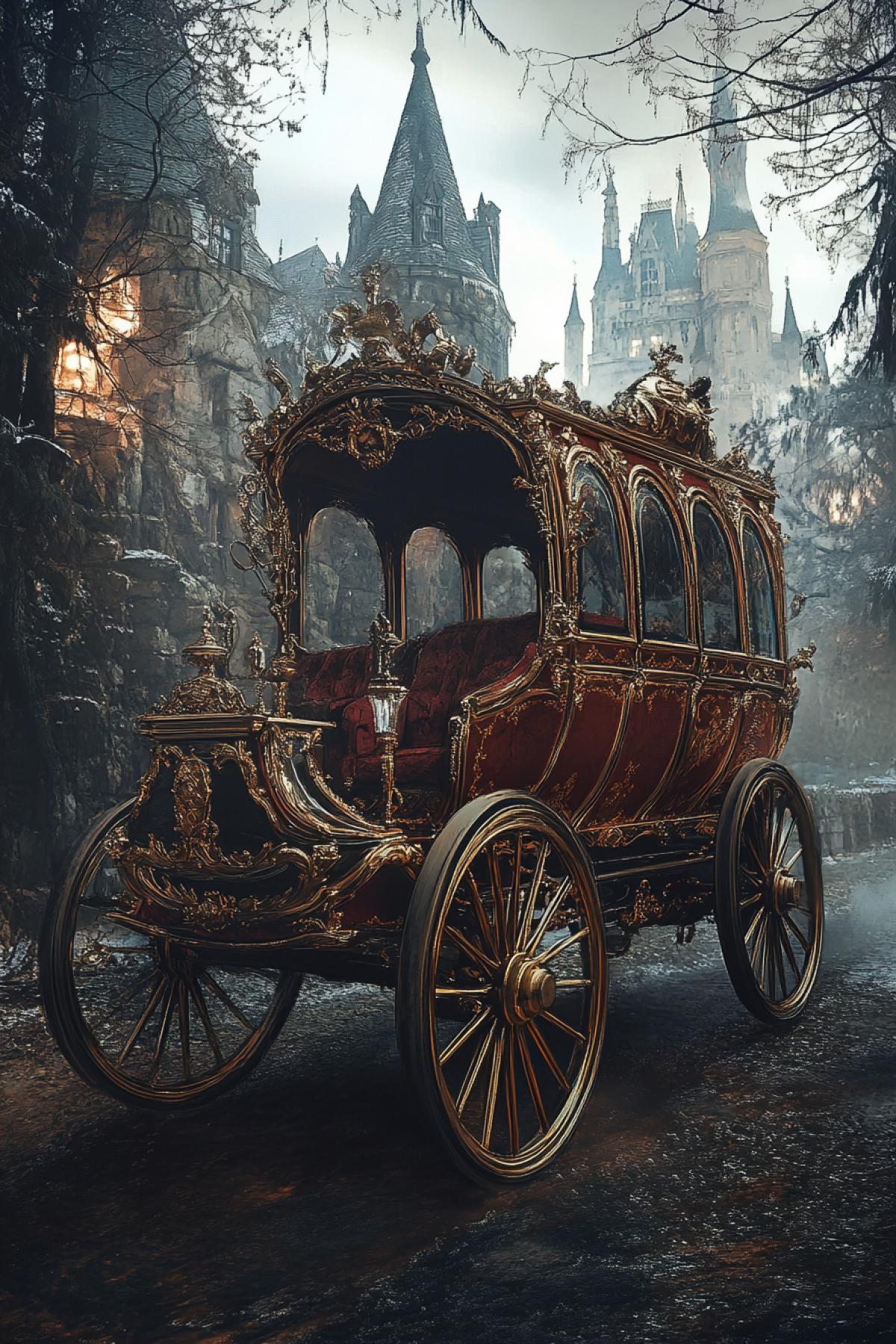 Imagine a magical or historical carriage a symbol of travel, sophistication and secrets. Inspired by fairy tales, romantic eras or futuristic interpretations: create an image of a carriage that transfers you to another world, magical and fabulous, where there are unusual heroes