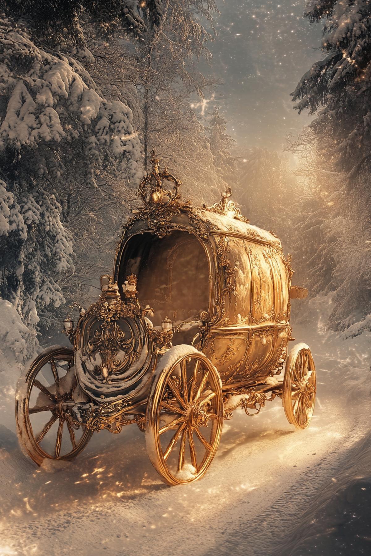 Imagine a magical or historical carriage a symbol of travel, sophistication and secrets. Inspired by fairy tales, romantic eras or futuristic interpretations: create an image of a carriage that transfers you to another world, magical and fabulous, where there are unusual heroes