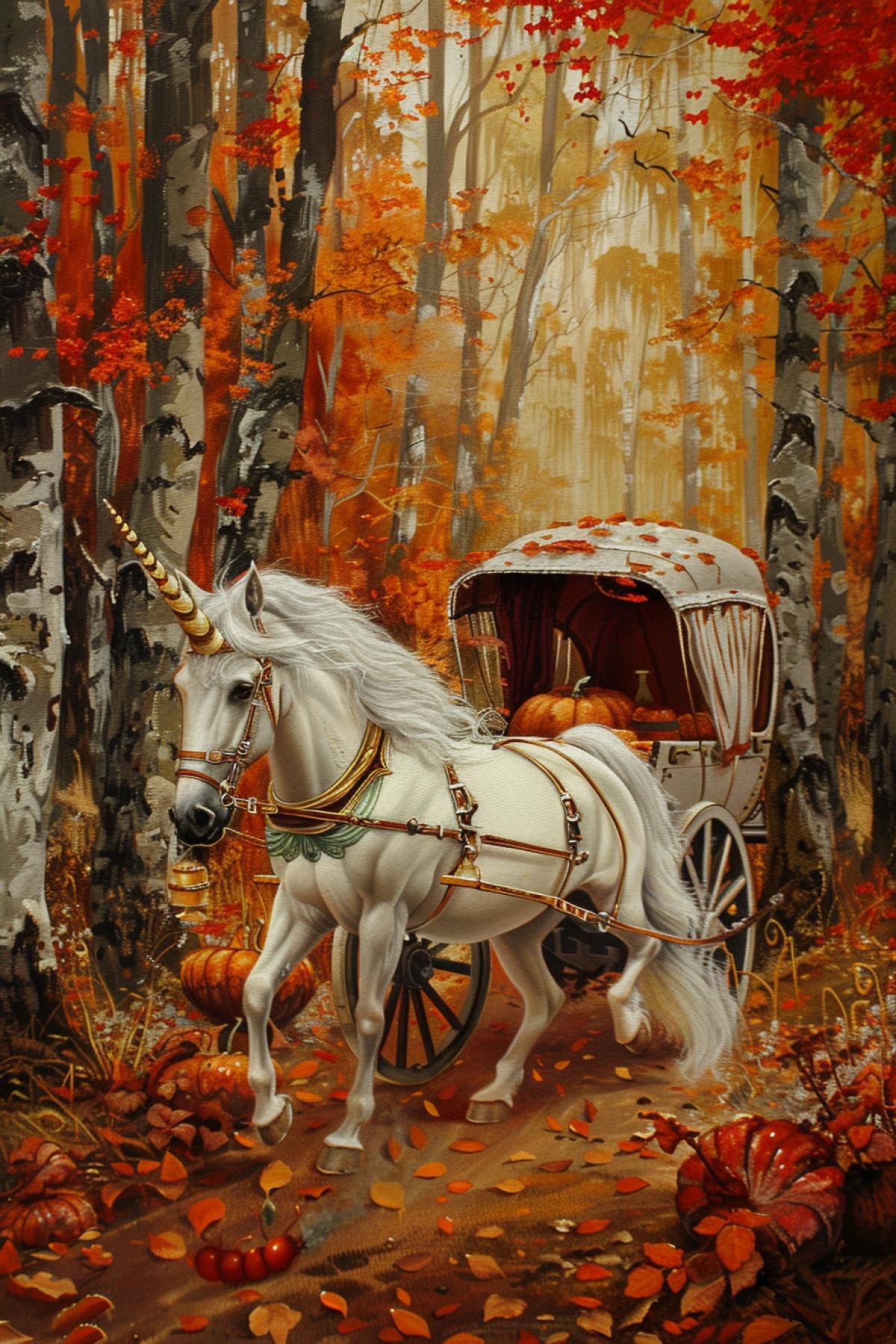 The marmalade carriage in the Ladynsov Red-White Forest. Caret is conducted by a unicorn.. The carriage goes along the marmalade road.