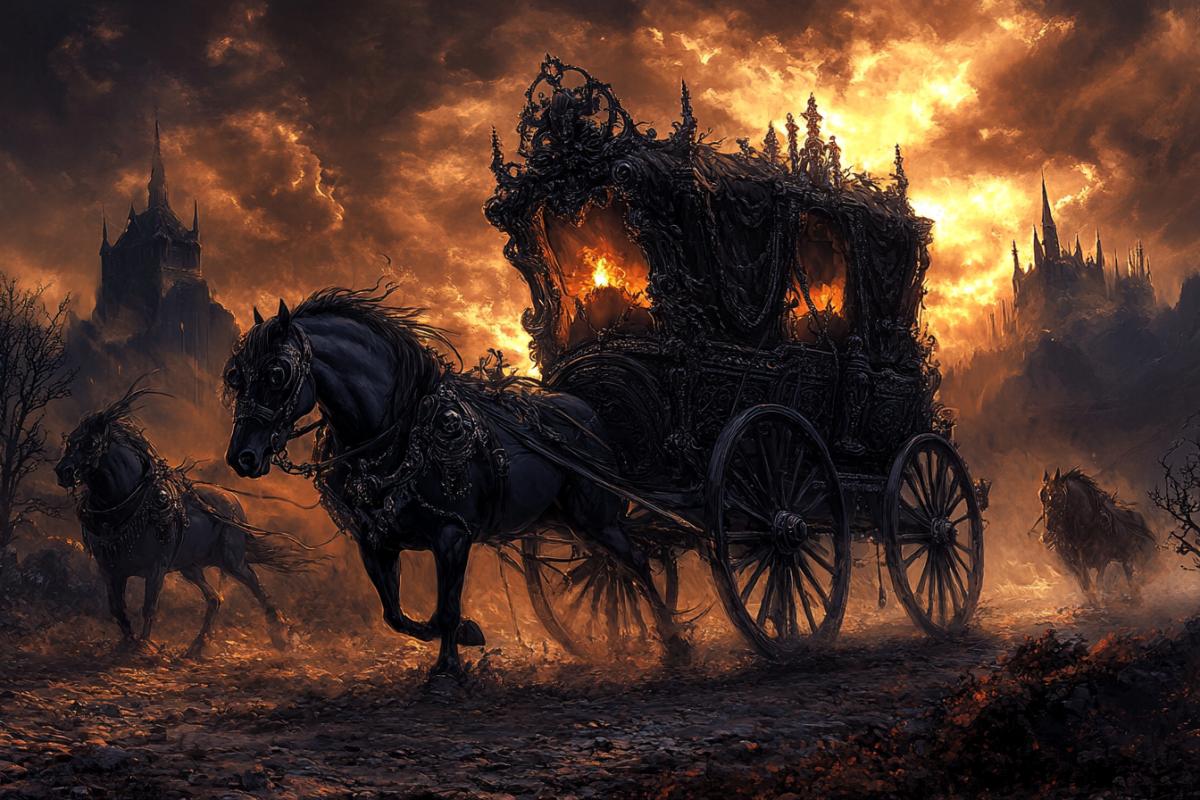 Divine carriage with a prince of darkness, dark horses, apocalypse
