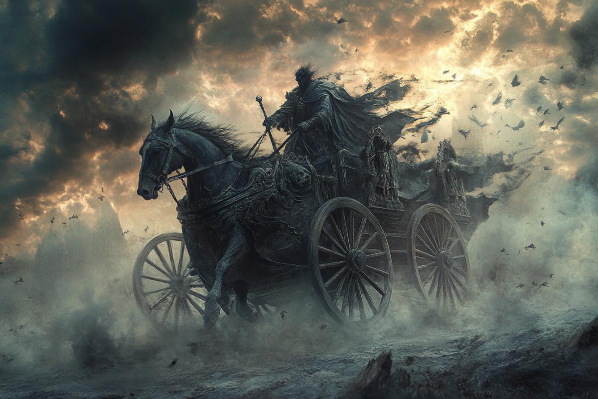 Divine carriage with a prince of darkness, dark horses, apocalypse