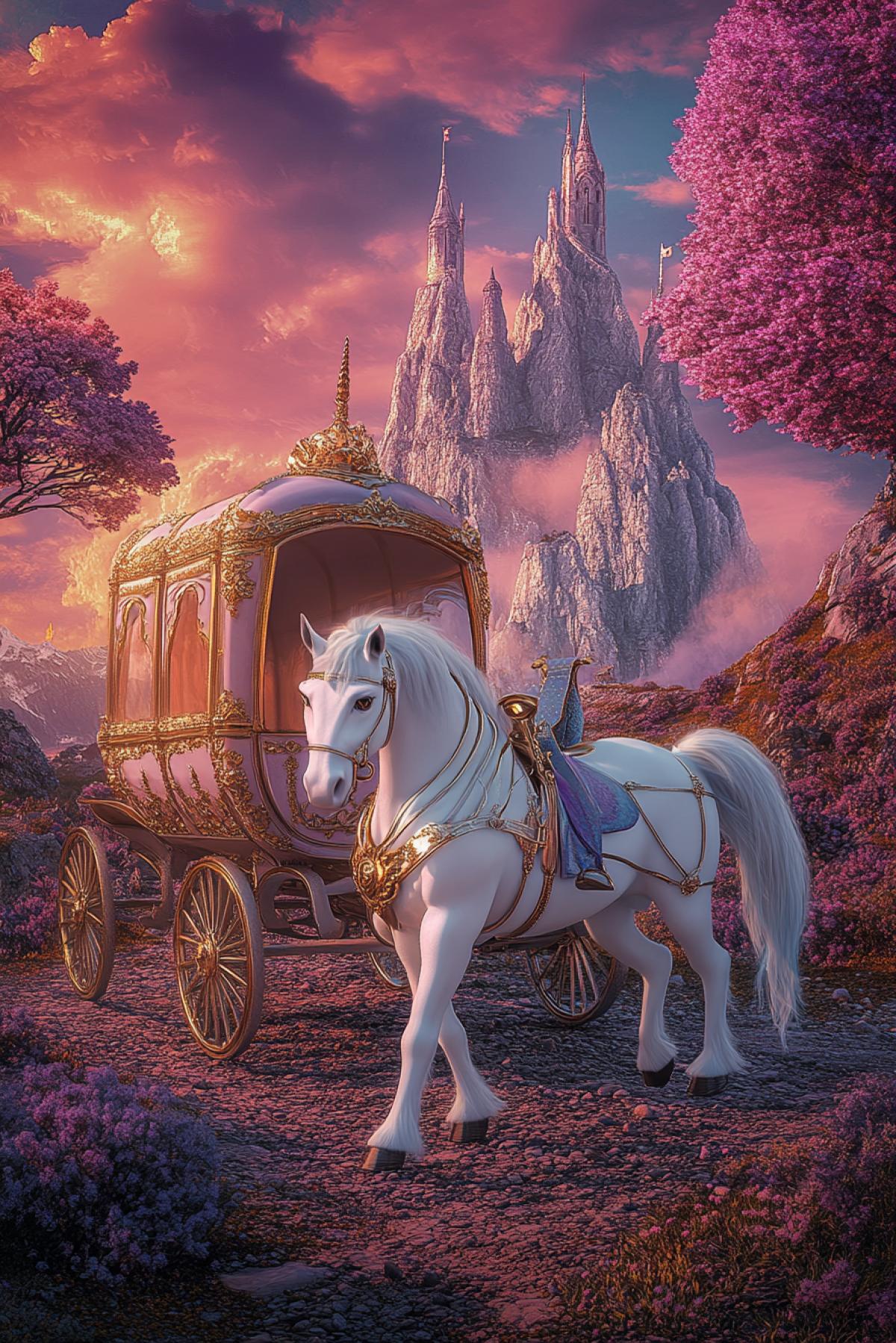 The magic carriage is a symbol of travel and secrets. Create the image of the carriage that takes you to another world, against the backdrop of unusual heroes, there is a unicorn