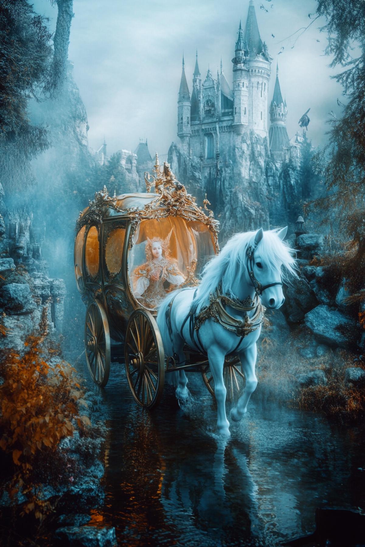 The magic carriage is a symbol of travel and secrets. Create the image of the carriage that takes you to another world, against the backdrop of unusual heroes, there is a unicorn