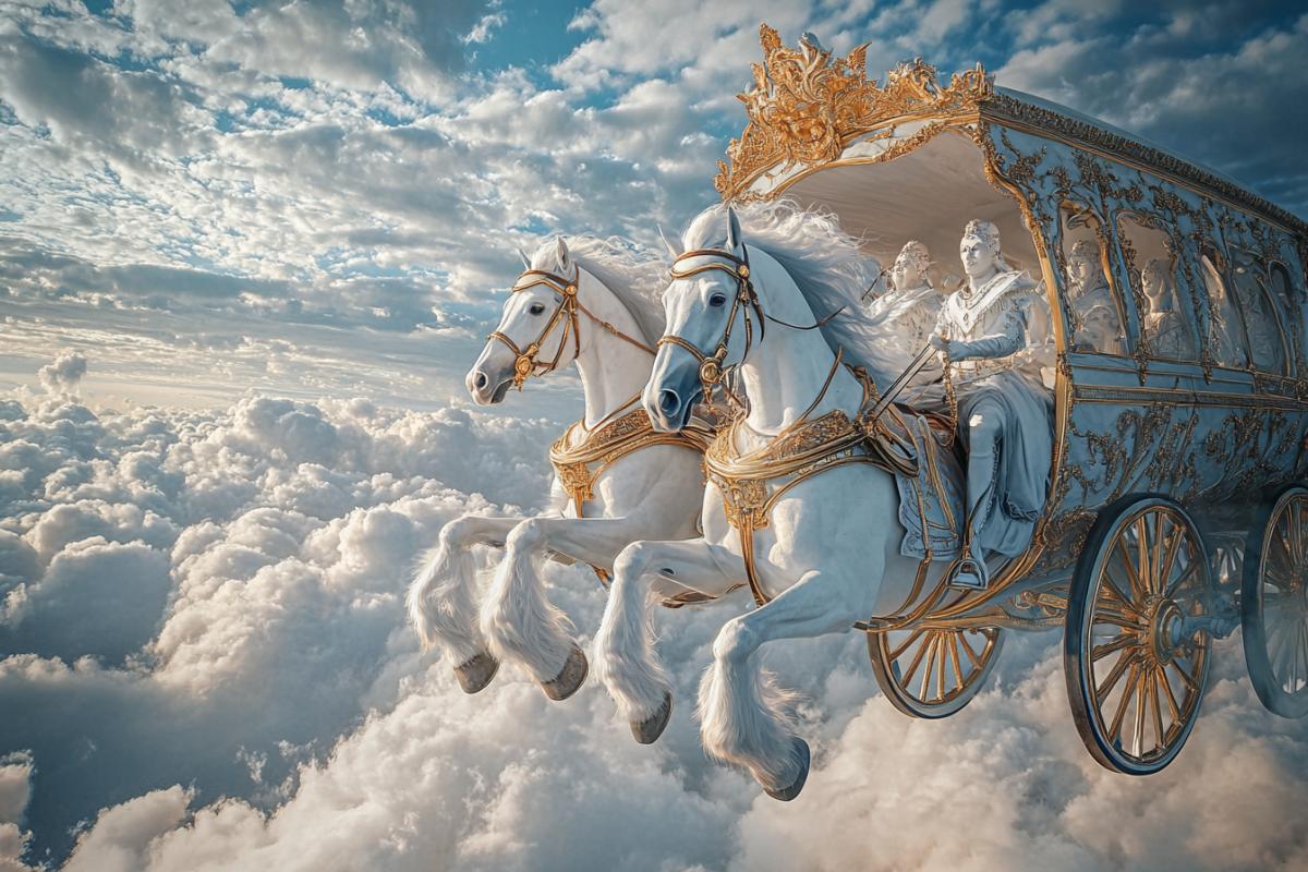 A divine carriage flying in the sky with harnessed by heavenly white horses, in the carriage of 4kidon, a large, magnificent carriage