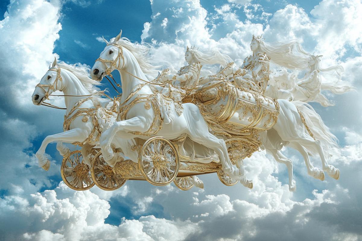 A divine carriage flying in the sky with harnessed by heavenly white horses, in the carriage of 4kidon, a large, magnificent carriage