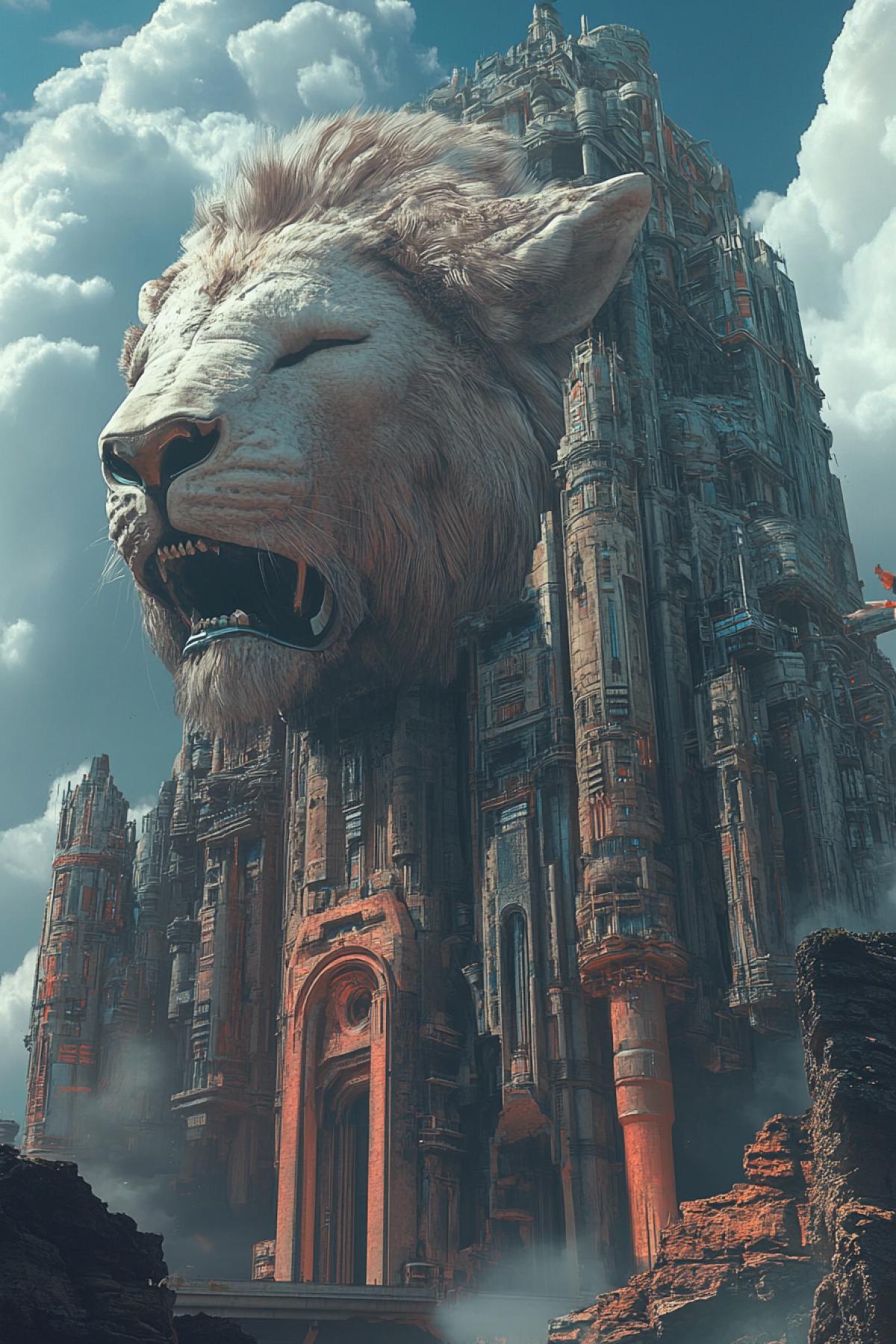 The image that will transfer the viewer to the world of incredible buildings and structures. Try to em something that goes beyond the usual in the image a combination of futuristic elements, ancient motives or completely new architectural forms. Buildings in the form of a lion with an open mouth or a big hare on a rock