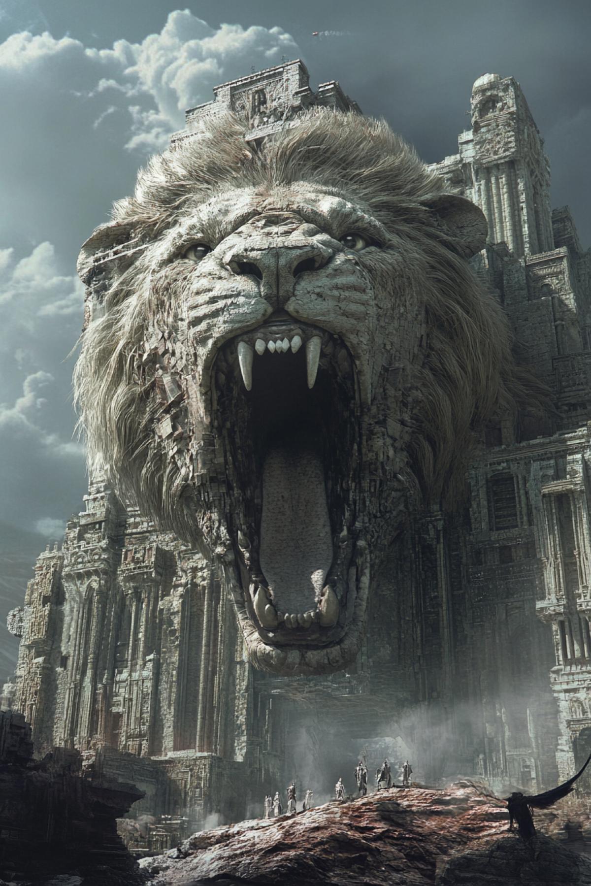 The image that will transfer the viewer to the world of incredible buildings and structures. Try to em something that goes beyond the usual in the image a combination of futuristic elements, ancient motives or completely new architectural forms. Buildings in the form of a lion with an open mouth or a big hare on a rock